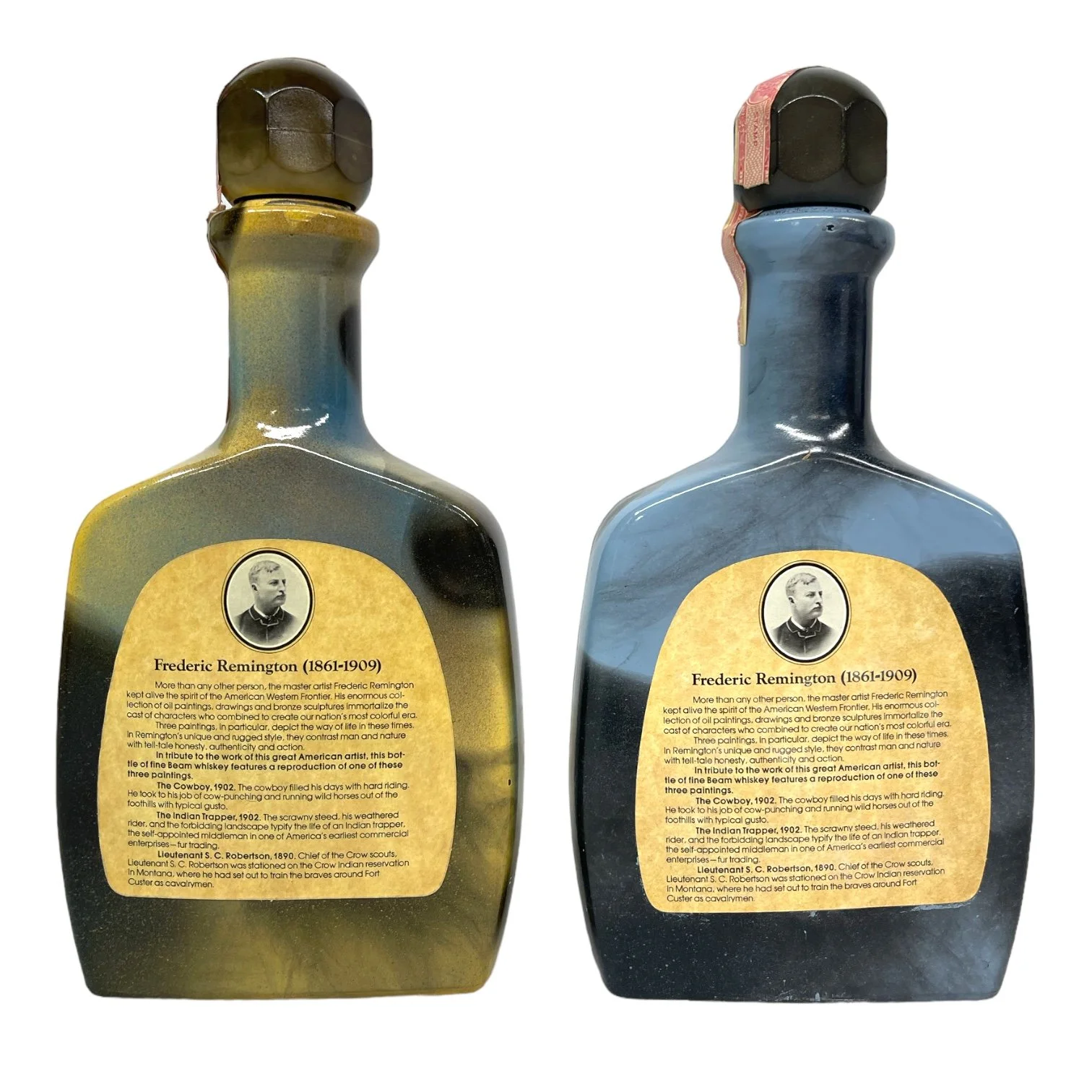 Vintage pair of glass 1970s Jim Beam Choice liquor bottles, featuring the cowboy and the Indian trapper. Perfect home bar decor.