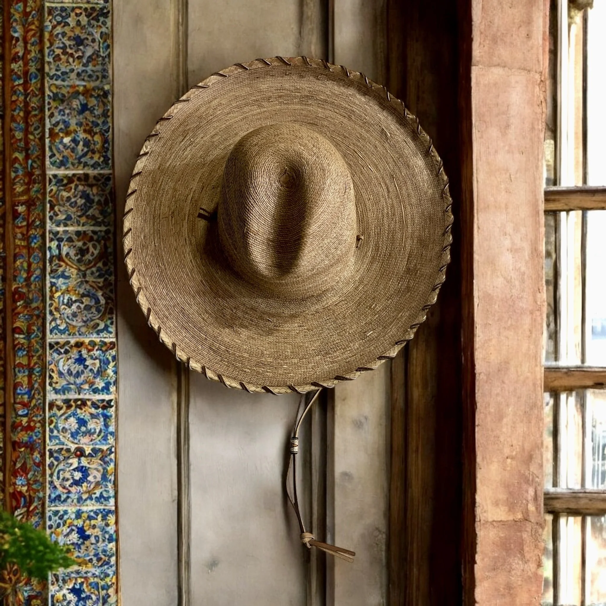 Vintage straw, palm leaf Sombrero Hat with leather whipstitch and chin strap. Authentic Mexican High Crowned, Doreman Burns artist.