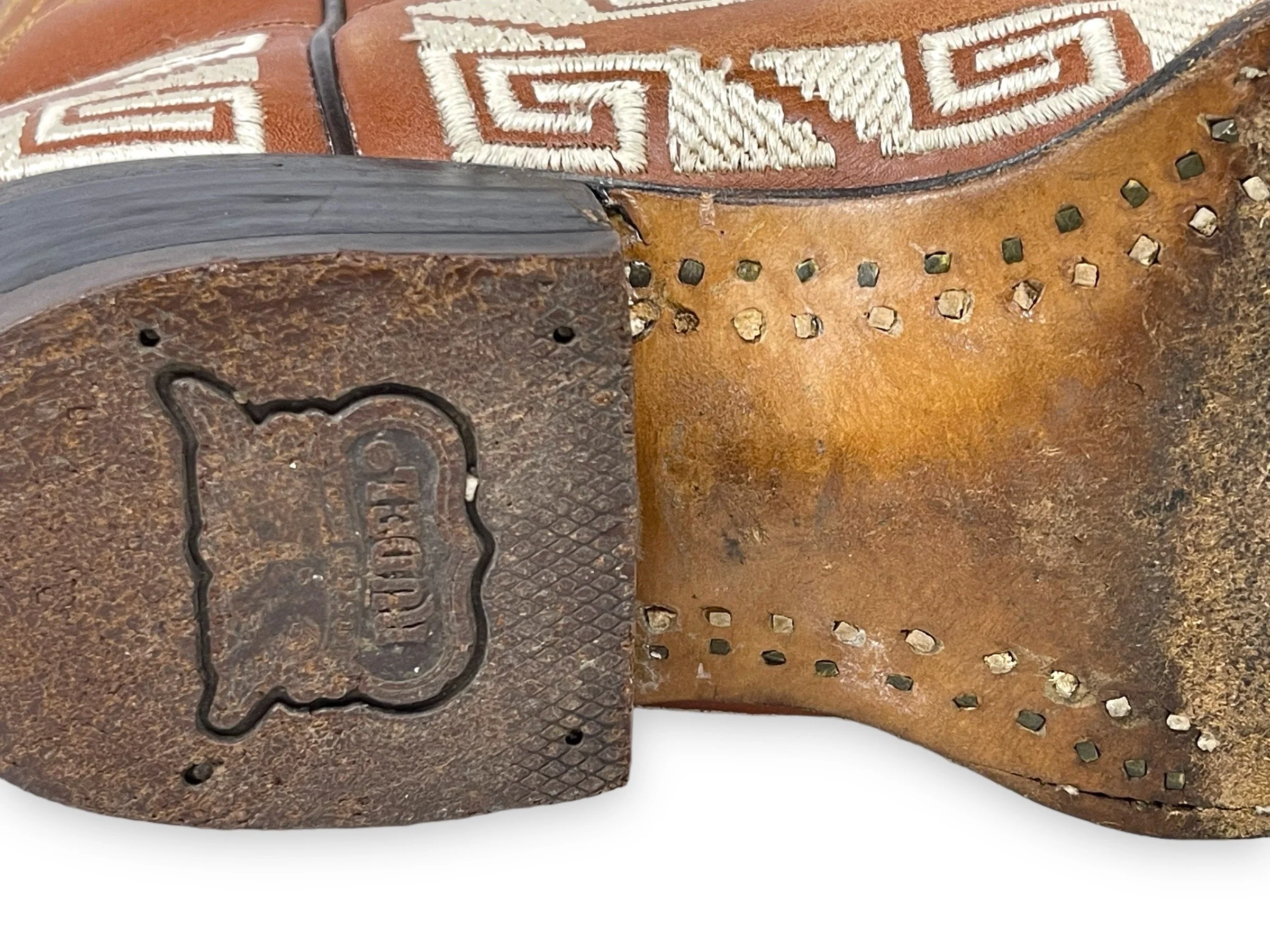 Vintage mens Rudel leather cowboy boots, made in Mexico - brown leather boots with detailed horse embroidery and geometric design on the sides, classic western style, collectible mens footwear.