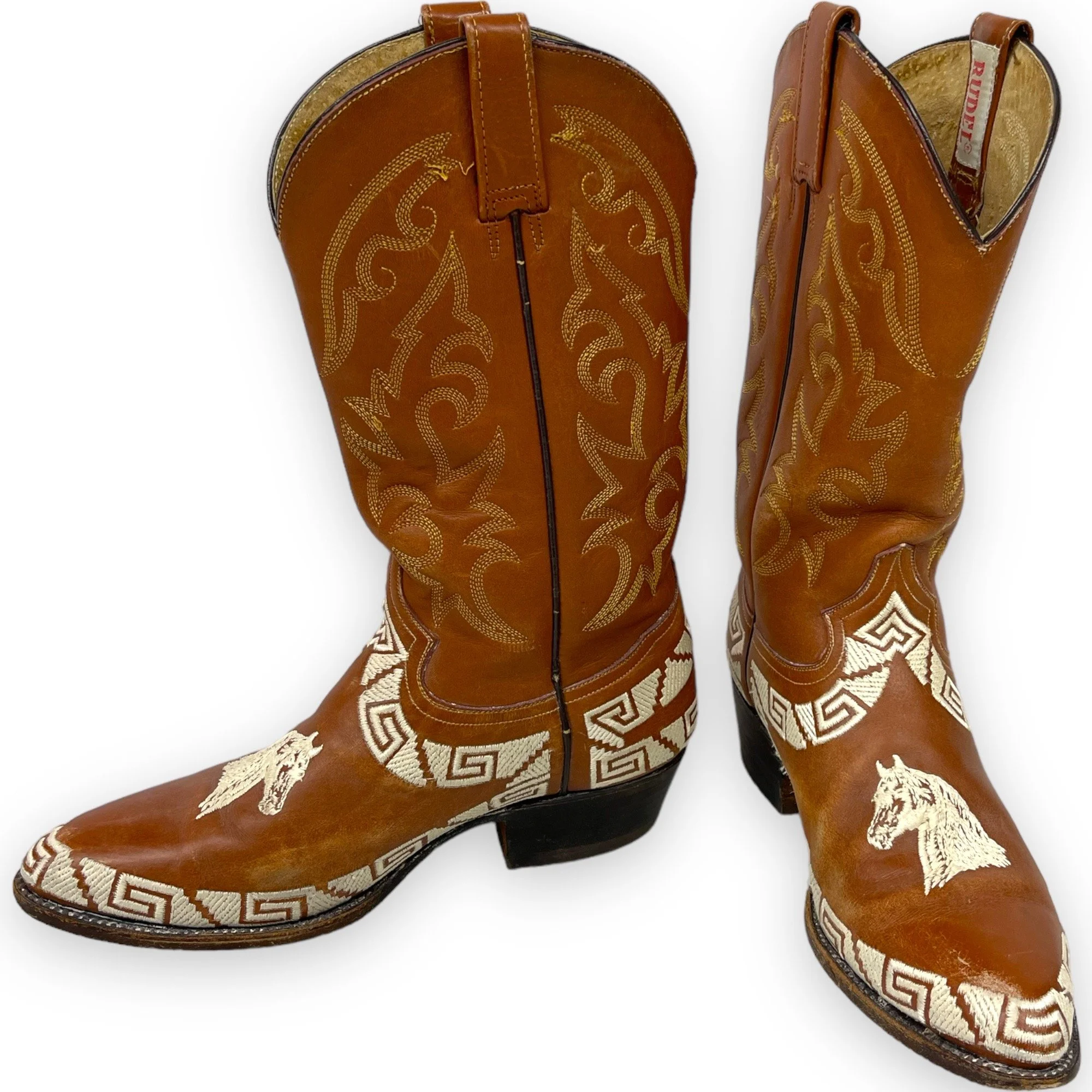 Vintage mens Rudel leather cowboy boots, made in Mexico - brown leather boots with detailed horse embroidery and geometric design on the sides, classic western style, collectible mens footwear.