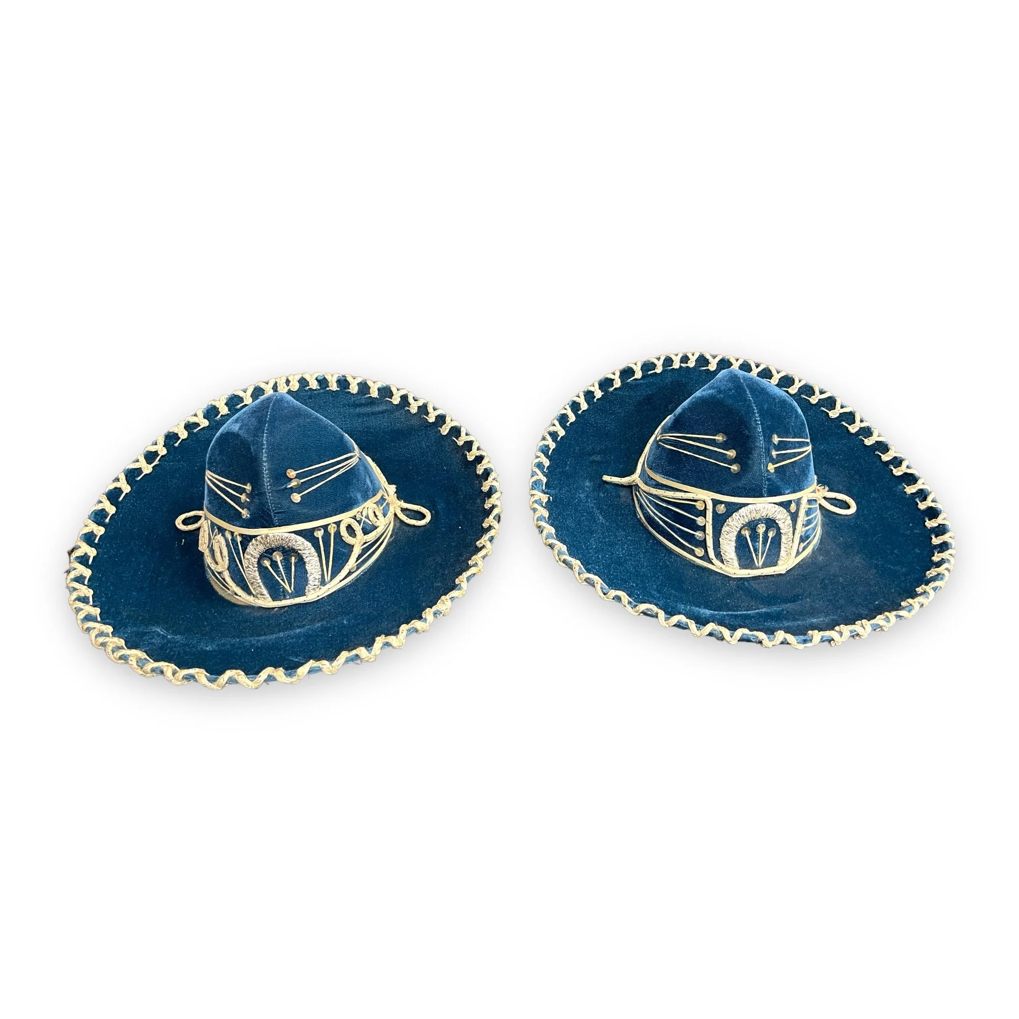 Vintage pair Sombrero Hats for Kids - Felt Sequined, High Crowned Sombreros, vibrant blue with white detailing and silver sequins.