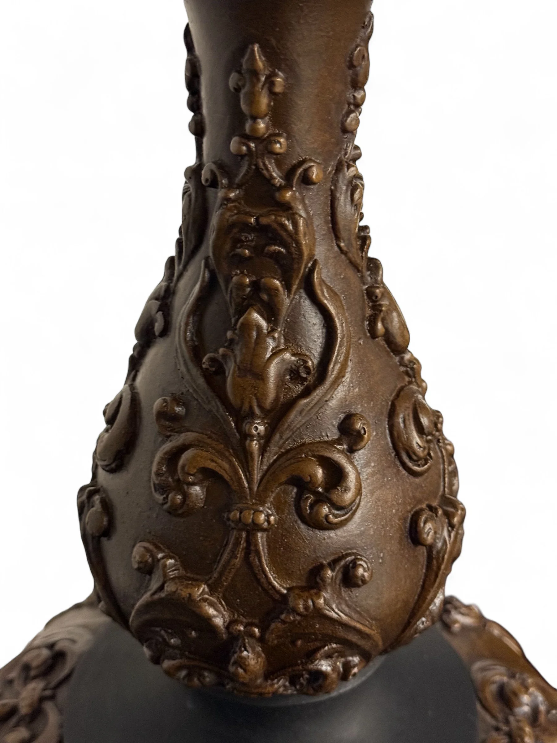 Pair of large vintage Spanish Revival table lamps with ornate plaster and cast metal design, ideal for Gothic, Mediterranean, or Old World style interiors.