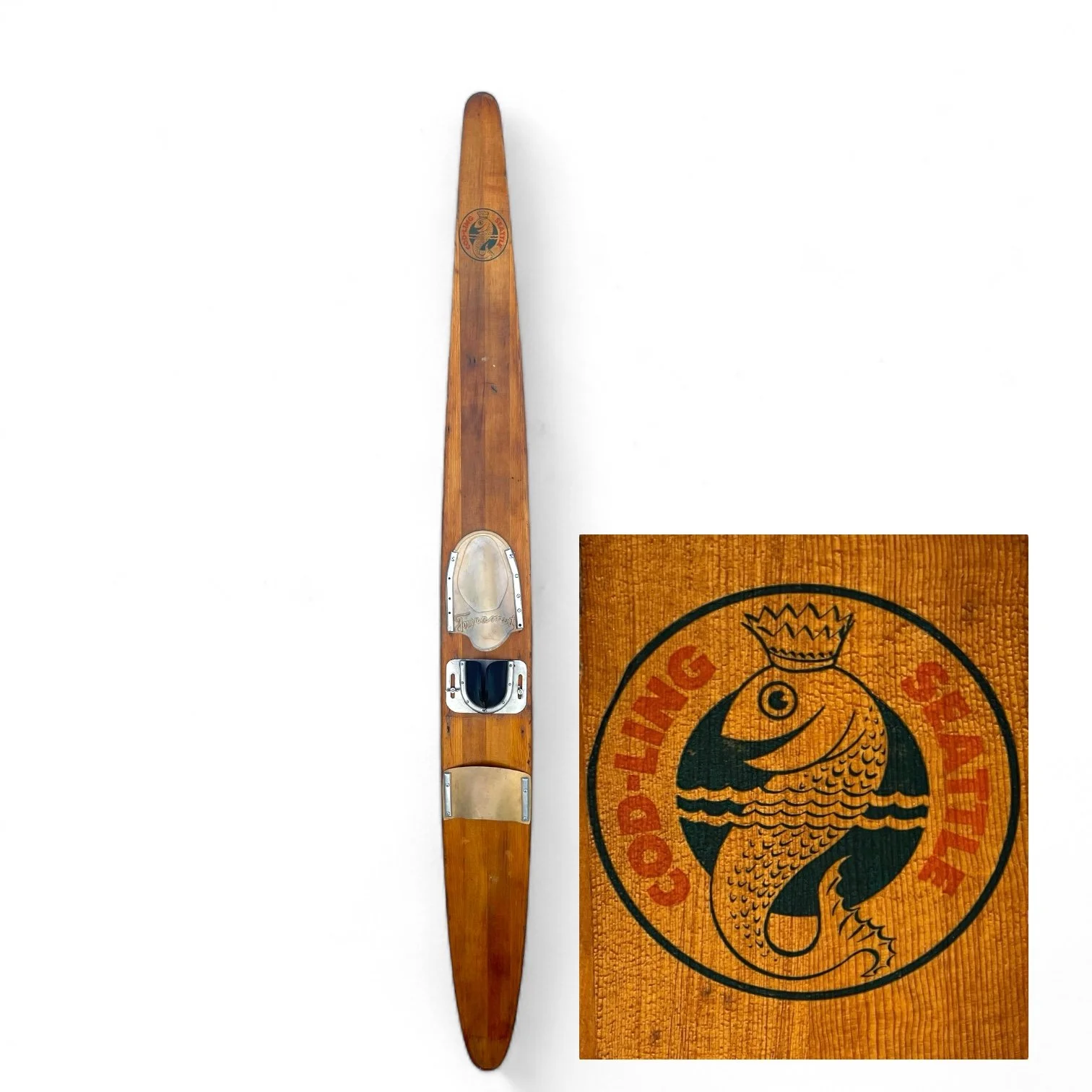 Vintage wooden 1960s slalom water ski, cod-ling Seattle banana ski.