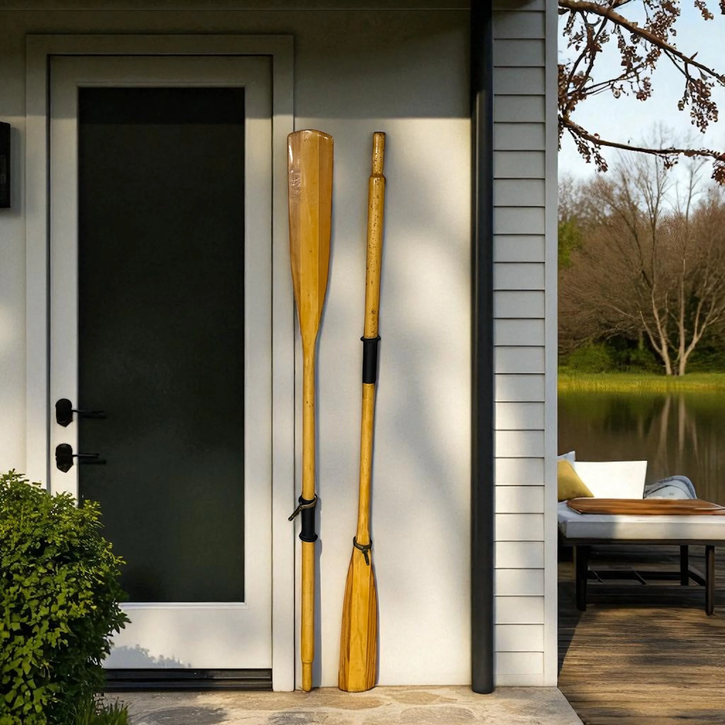 Pair of vintage wooden boat oars styled next to the front door of a modern lake house with a view of the water in the background.