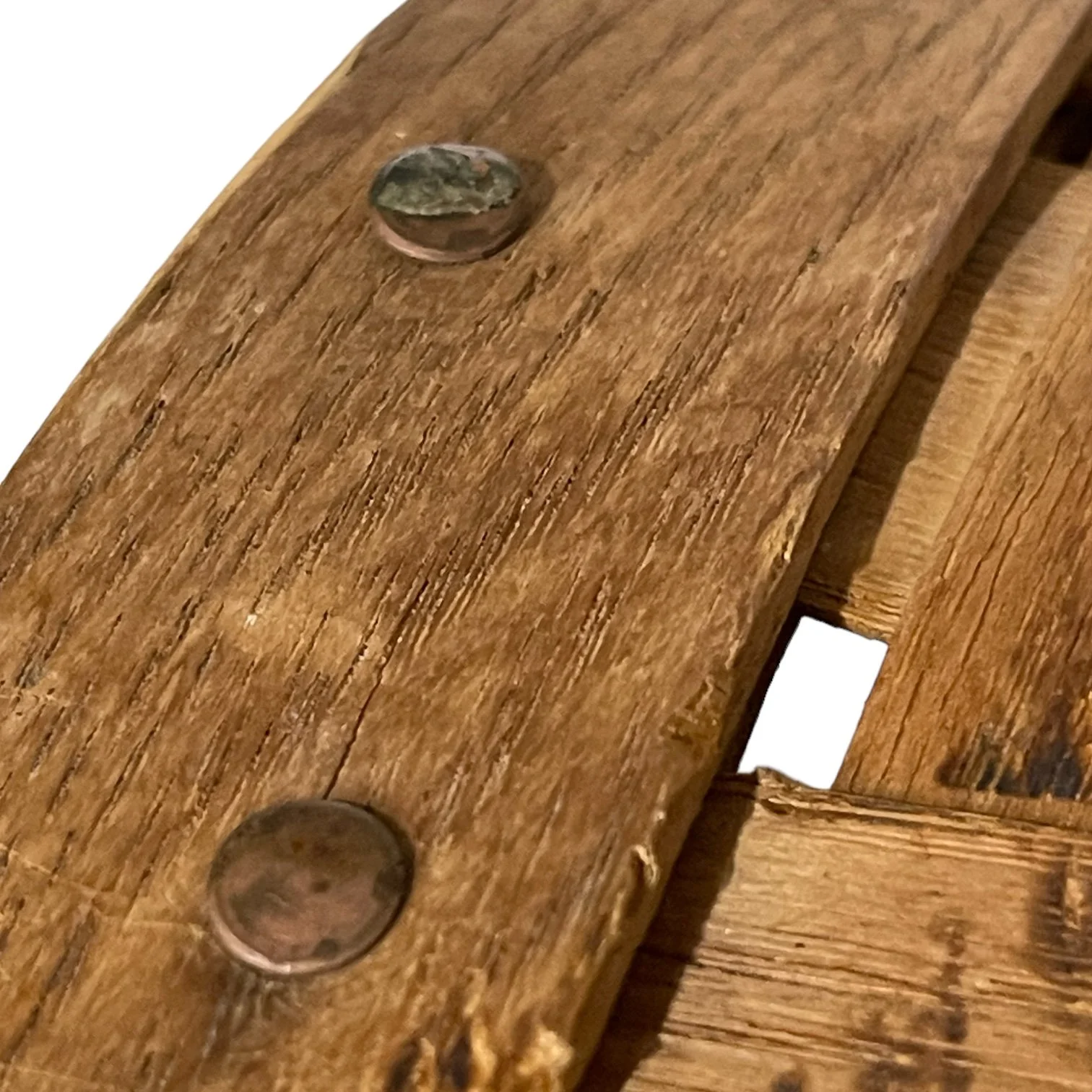 Close up view of a large vintage Adirondack Pack Basket - 2 Compartments, 1 with lid, canvas adjustable shoulder straps.