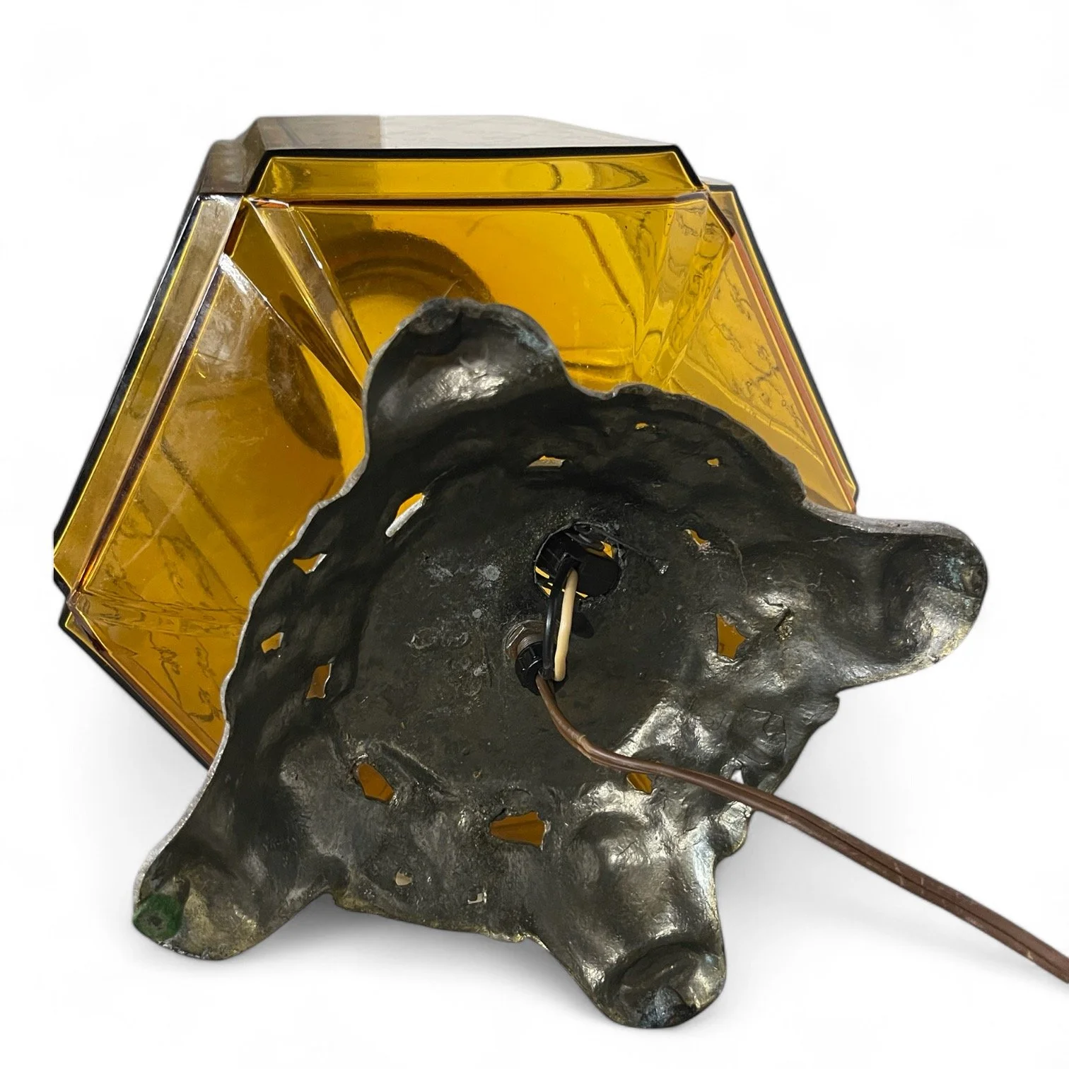 Vintage large mid century table lamp, amber glass with scroll pattern, oversized vintage shade with orange trim.