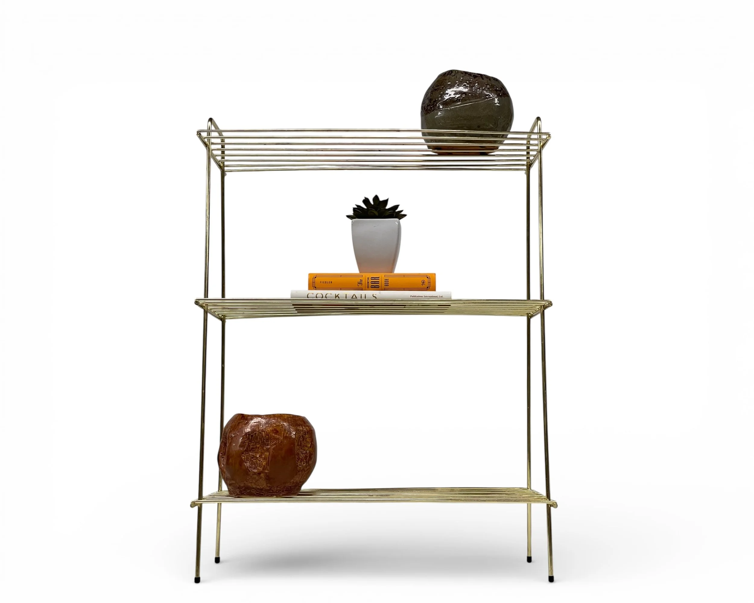 vintage mid century modern gold wire rack 3 tier shelf front view