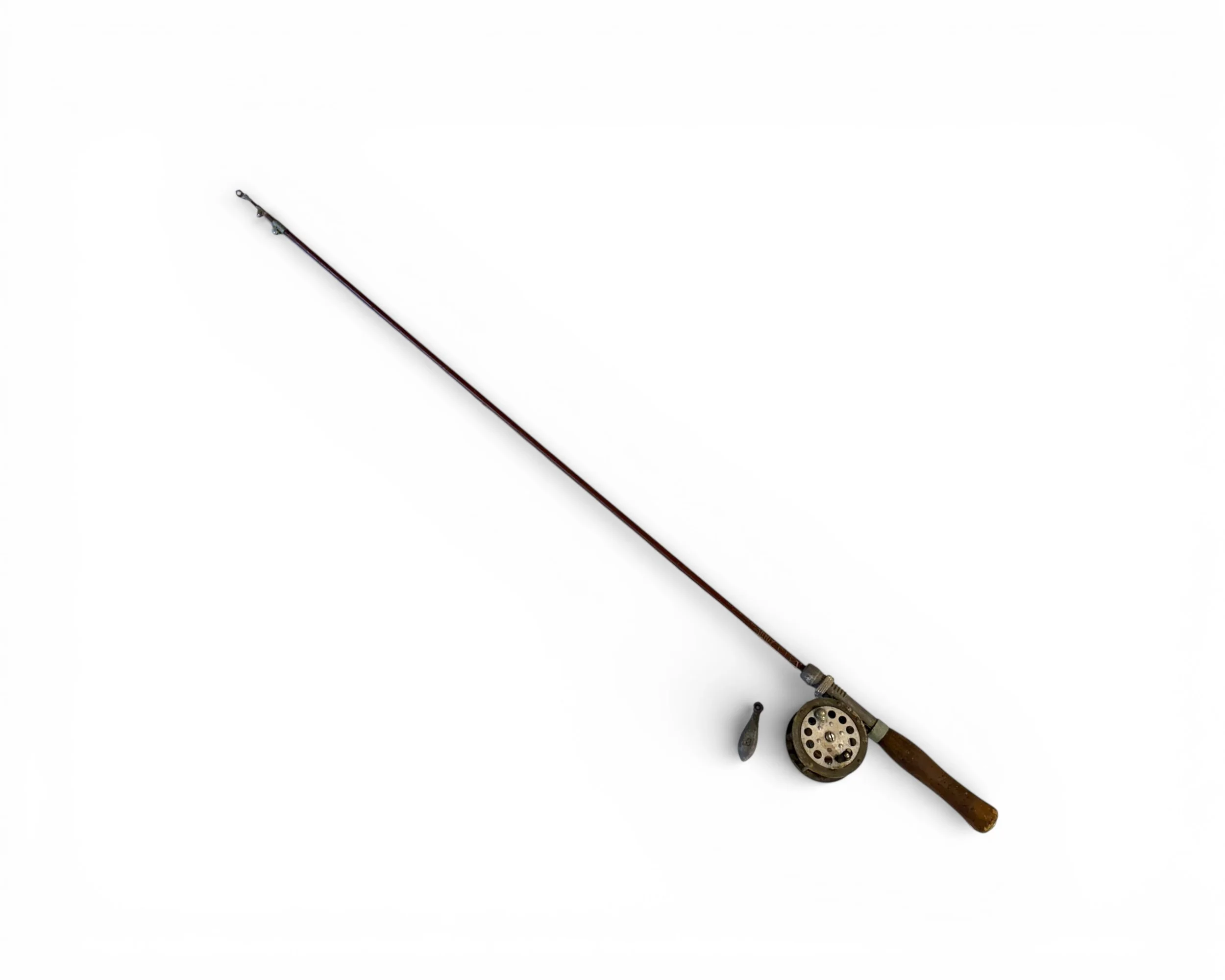 Full view of 44.5 inch long antique fishing pole with reel for lake house, cabin or lodge rustic styling