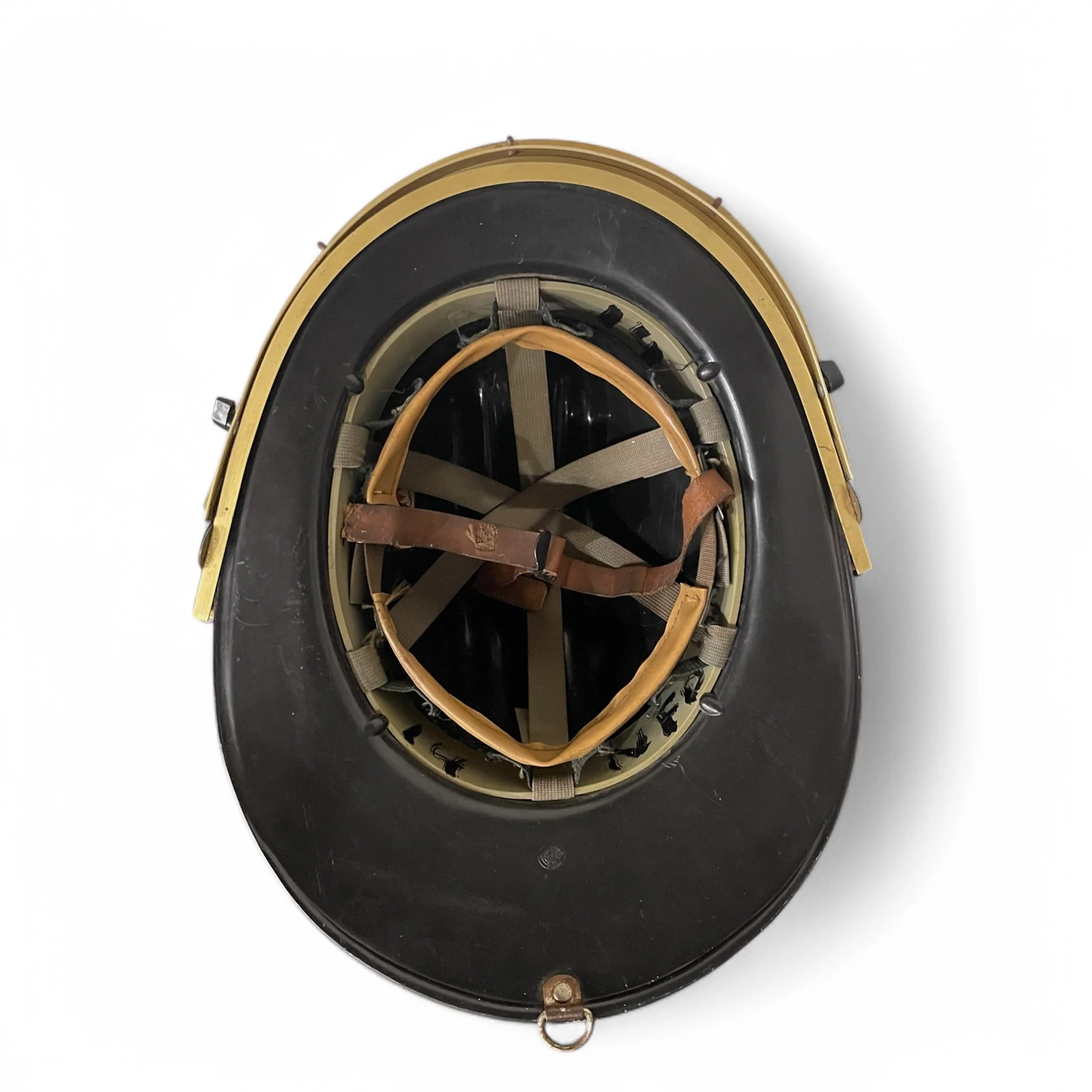 Vintage black firefighter helmet with classic design, an antique fireman collectible perfect for display, gift for fireman memorabilia, or fire department decor.