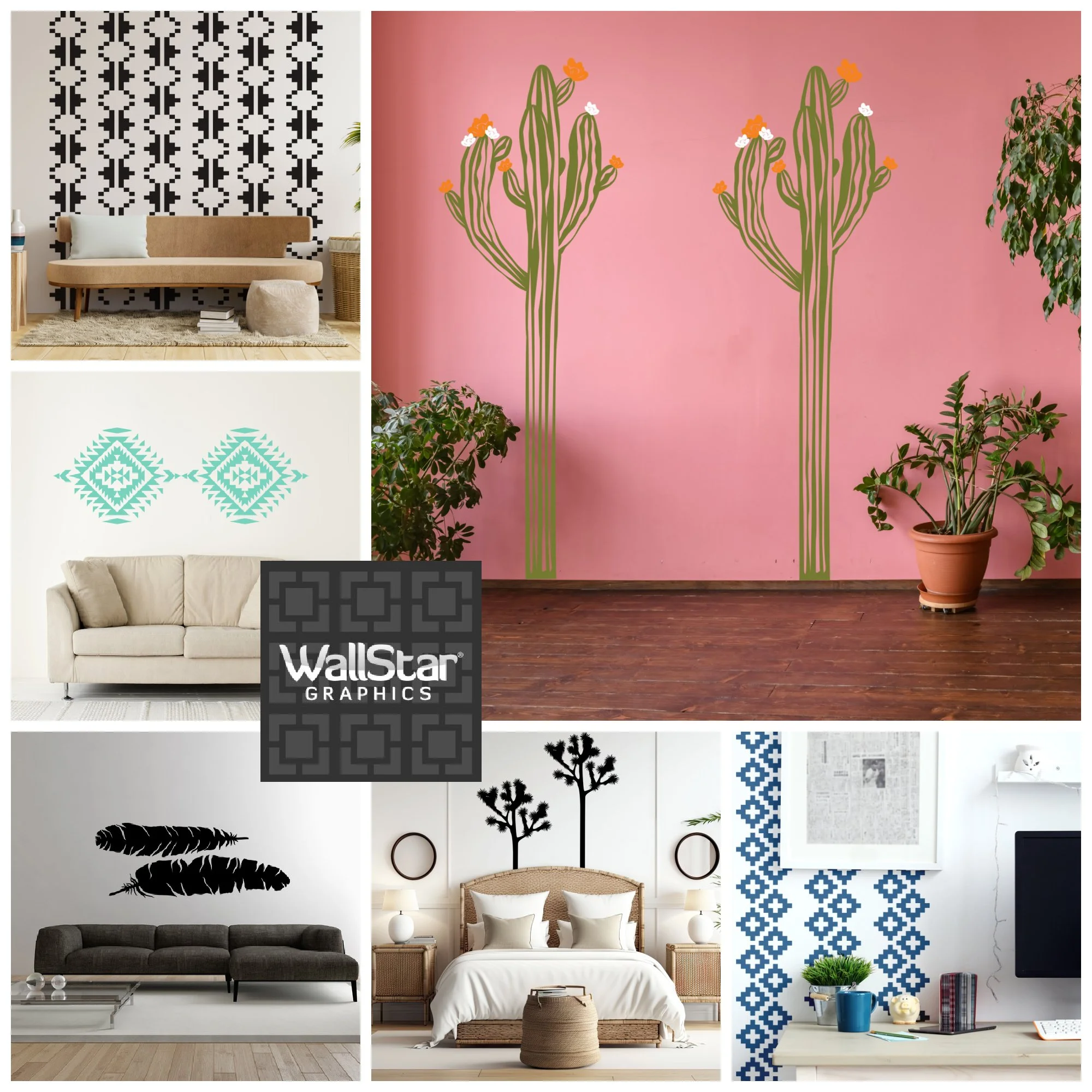 A collage of vinyl wall decals by Wall Star Graphics including geometric patterns, Saguaro cactus, Joshua Tree cactus, and feathers.