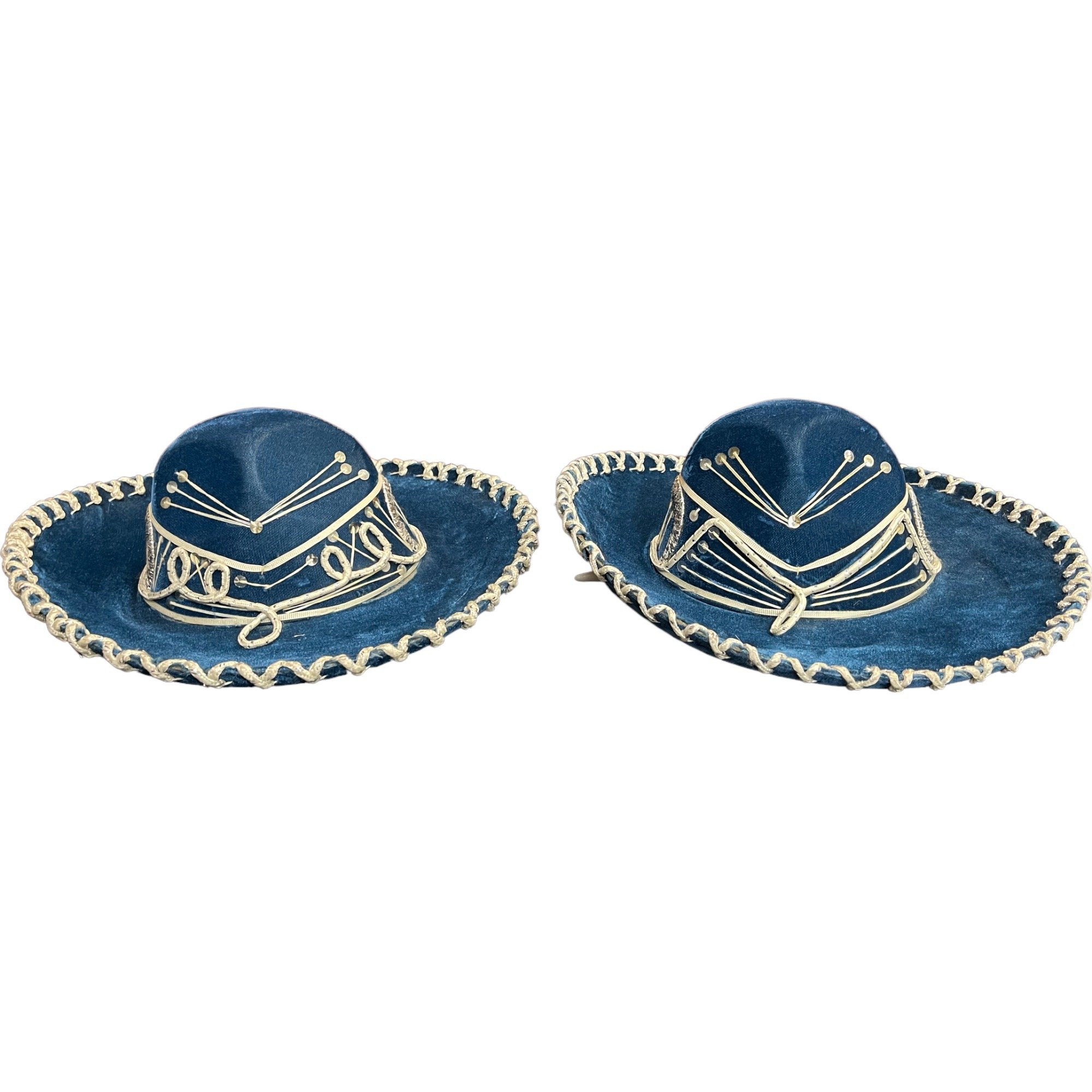 Vintage pair Sombrero Hats for Kids - Felt Sequined, High Crowned Sombreros, vibrant blue with white detailing and silver sequins.