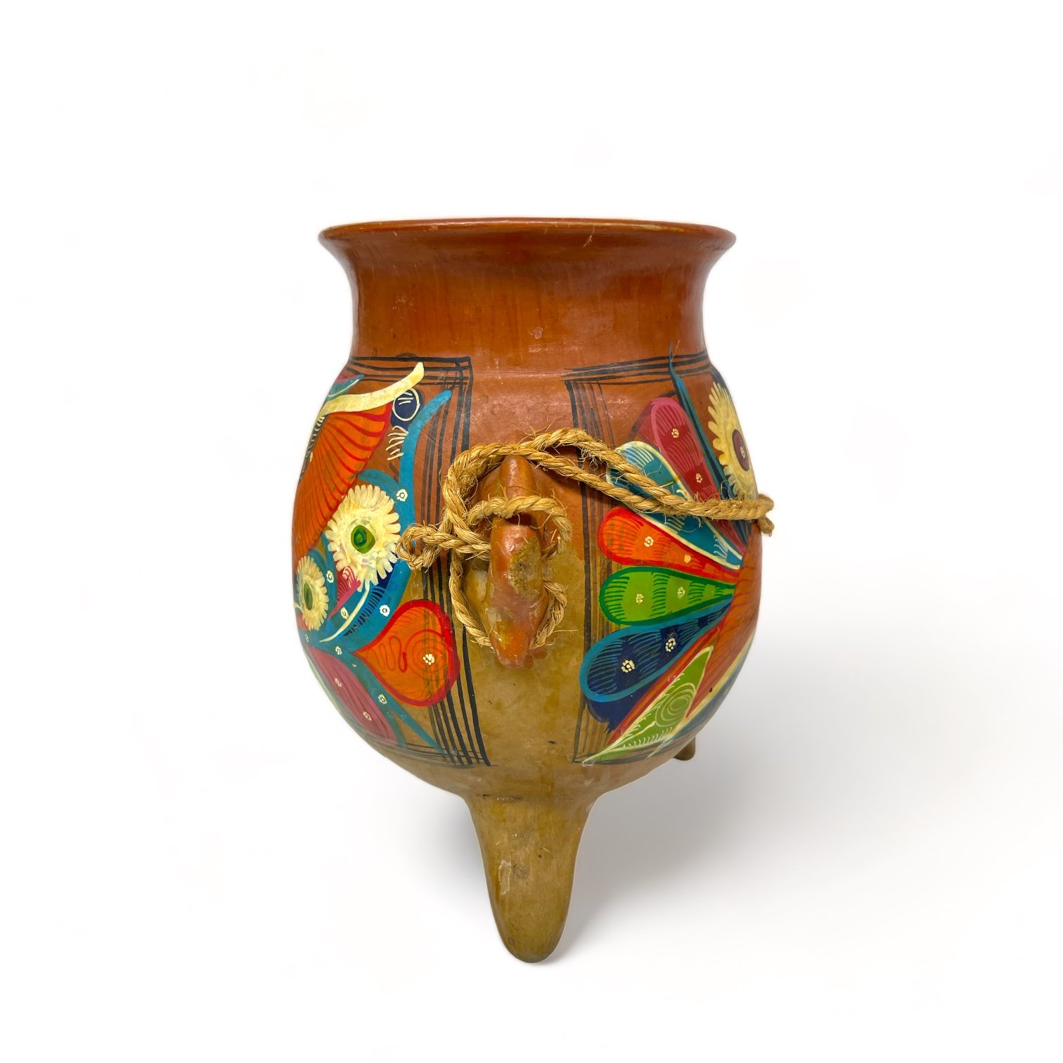 Vintage Mexican terracotta hanging pot hand painted with colorful birds and flowers. Folk art pottery from Acapulco.