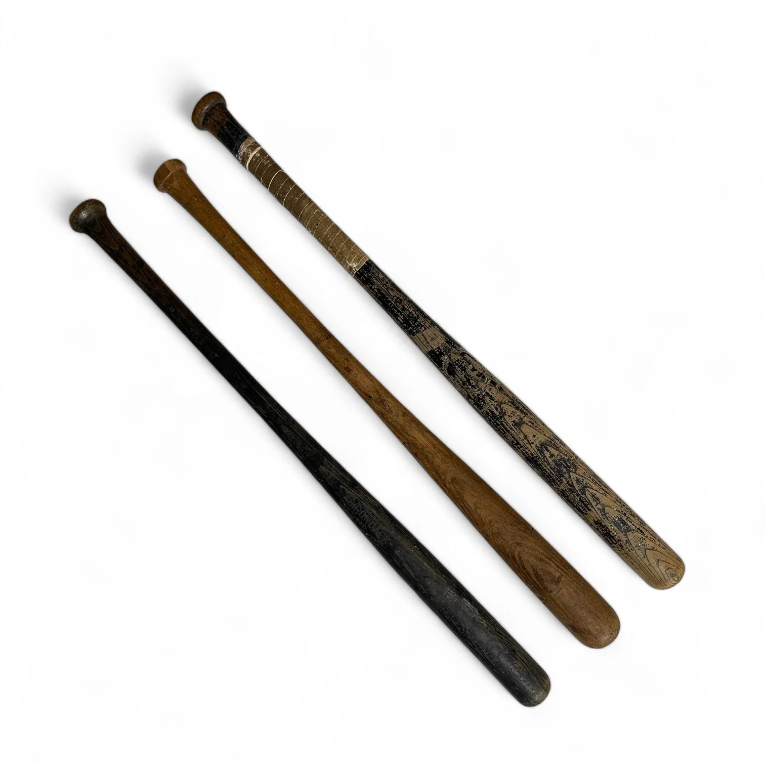 Set of 3 vintage wooden baseball/softball bats including 1950s Rawling Adirondack, 1960s Wilson A9430.