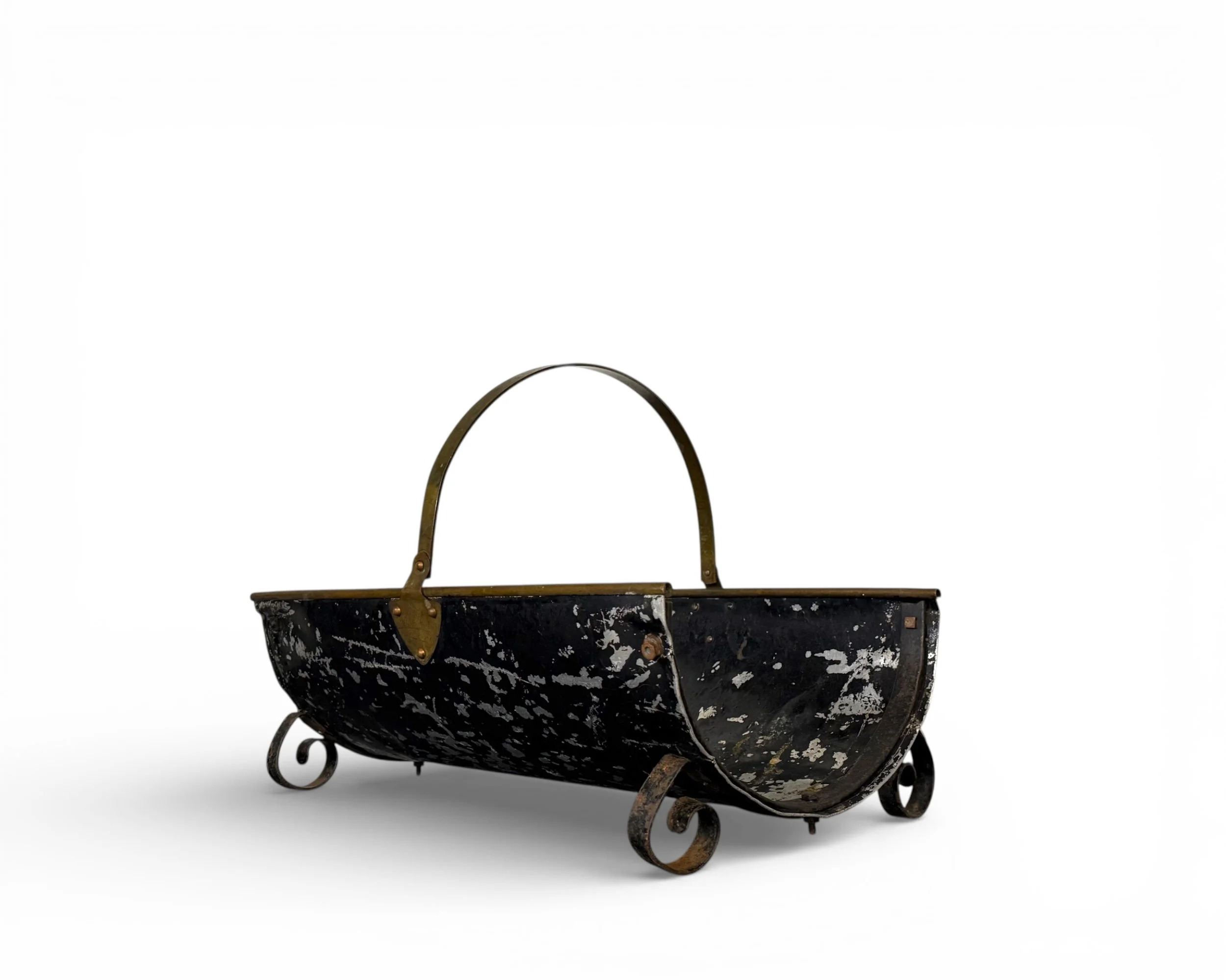 Angled view highlighting trough design of vintage wood carrier