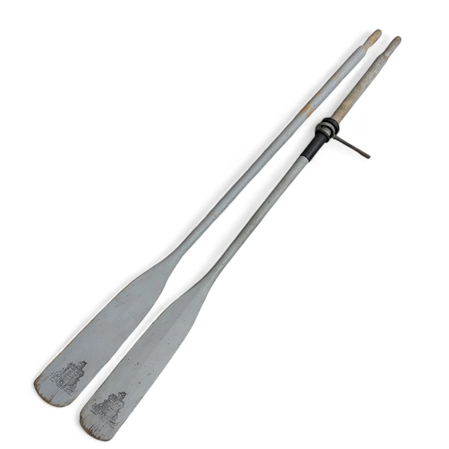 Vintage wooden grey weathered boat oars with oar locks, 71 inches by Foster Oar Co. - Made in USA.