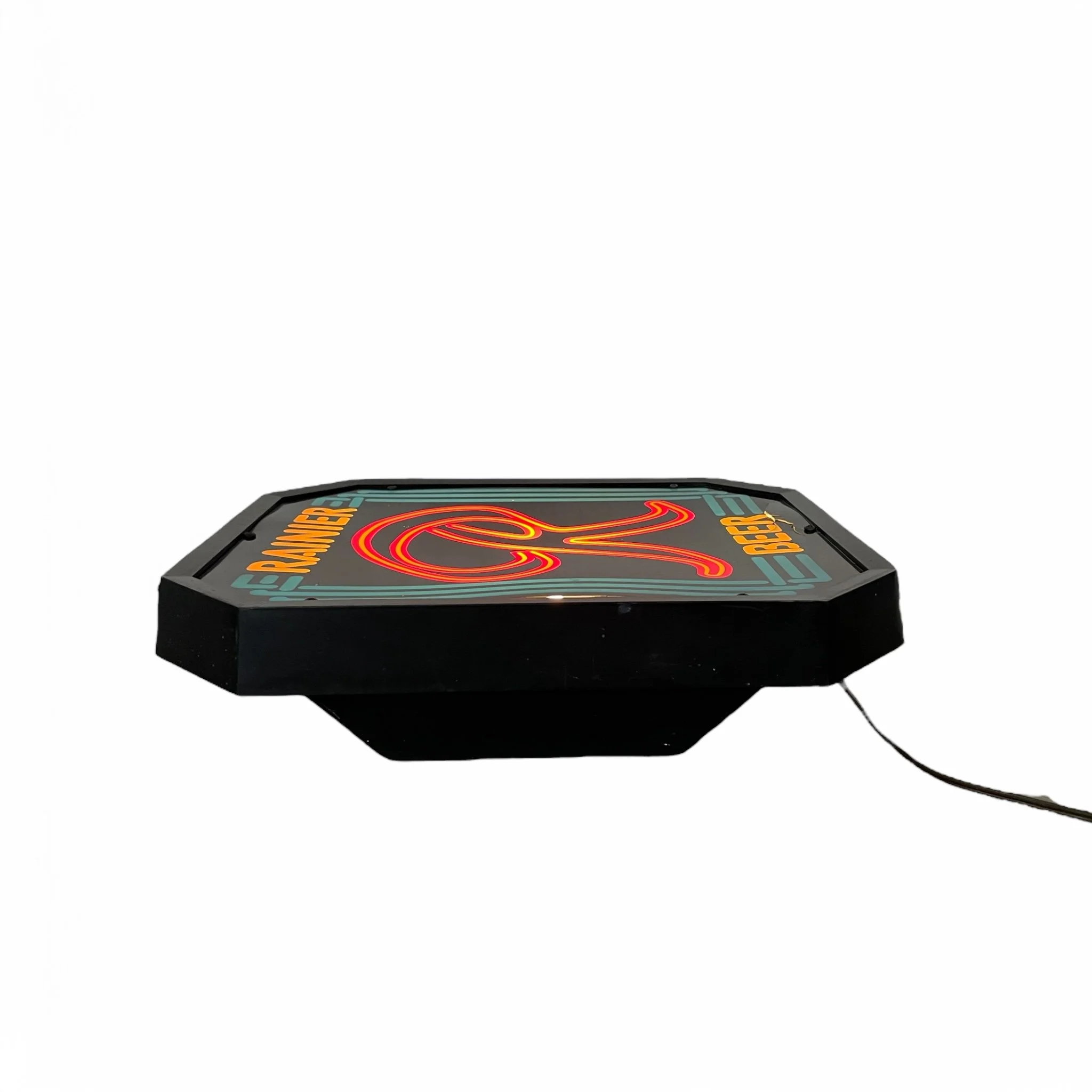 Vintage Rainier Beer octagonal faux neon plastic hanging sign, with retro red, yellow, blue logo, perfect for bar decor, man cave, or beer advertising collectors.