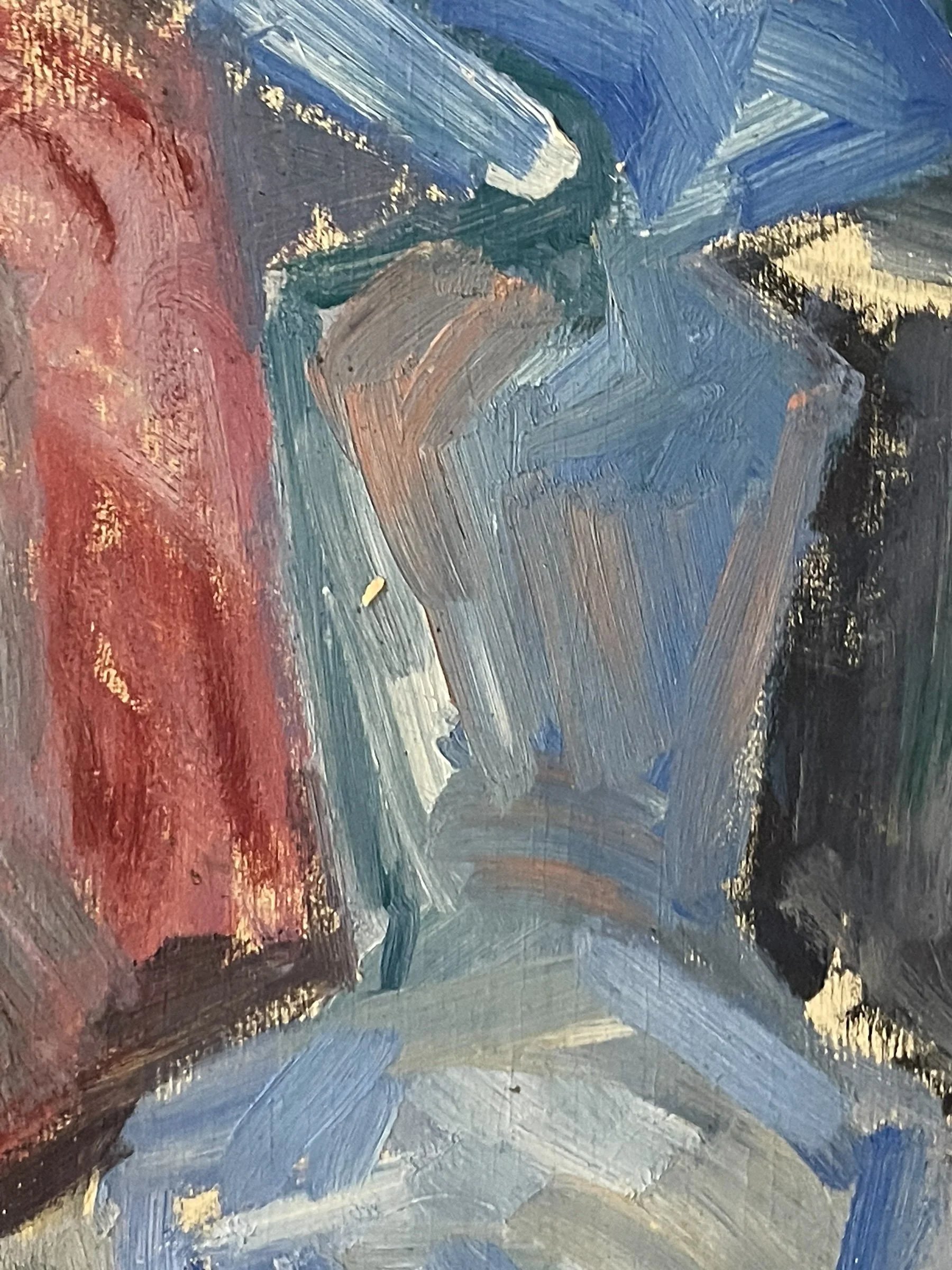 Rare set of 3 vintage mid century paintings on canvas board, featuring still life and impressionist designs. Includes pineapple, mountain landscape, and bottles with visible brushstrokes.