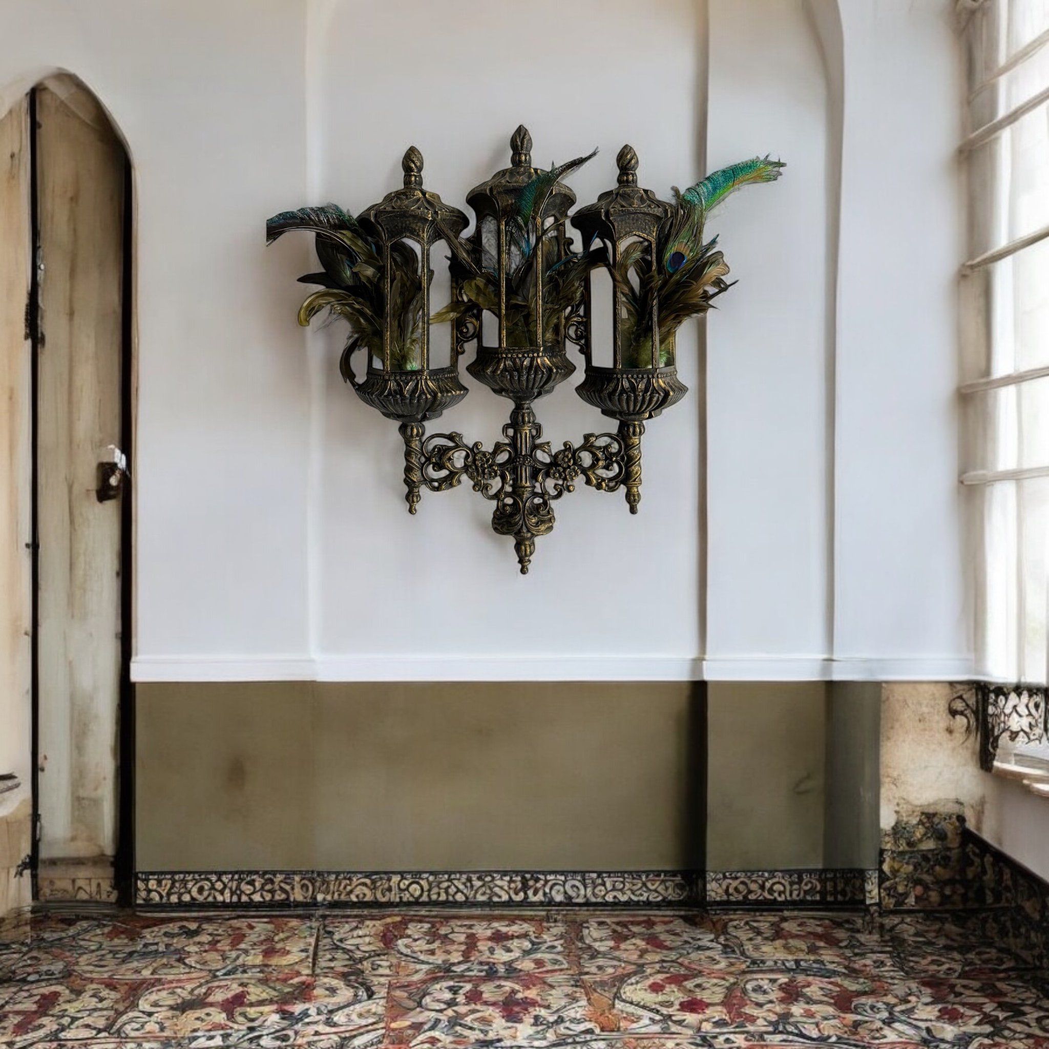 Vintage 1970s Burwood 358 lantern wall planter in molded plastic, retro boho indoor wall decor styled with peacock feathers for eclectic interior design.