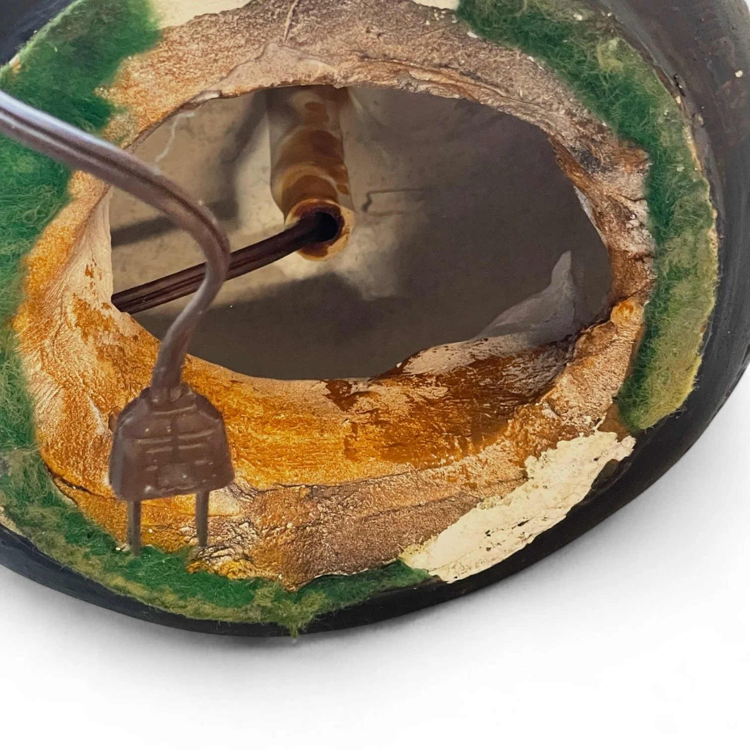 Vintage mid century modern ceramic table lamp with faux cork pattern, 29 inches tall, dark brown, no shade.