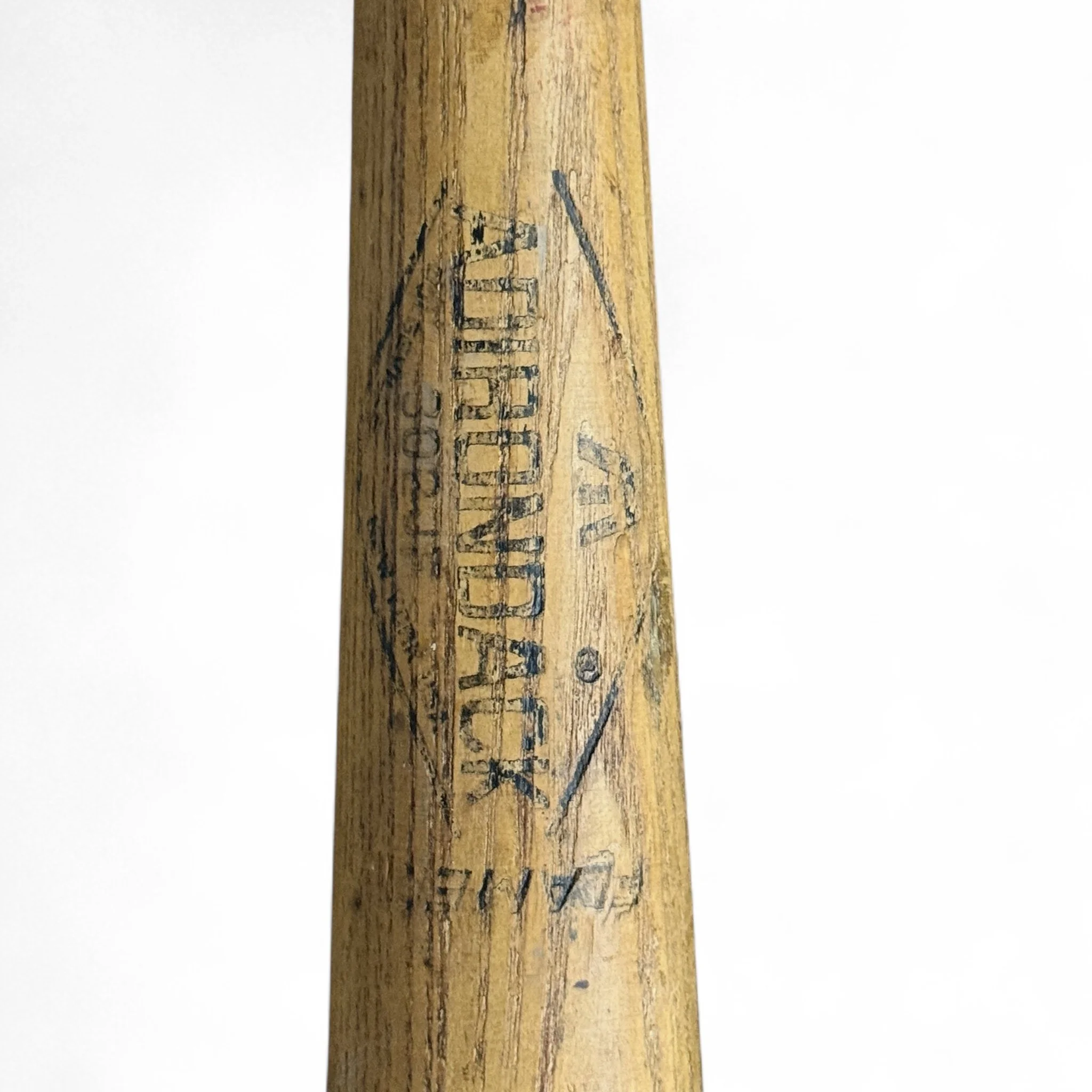Close up of logo on a vintage Adirondack wooden bat.