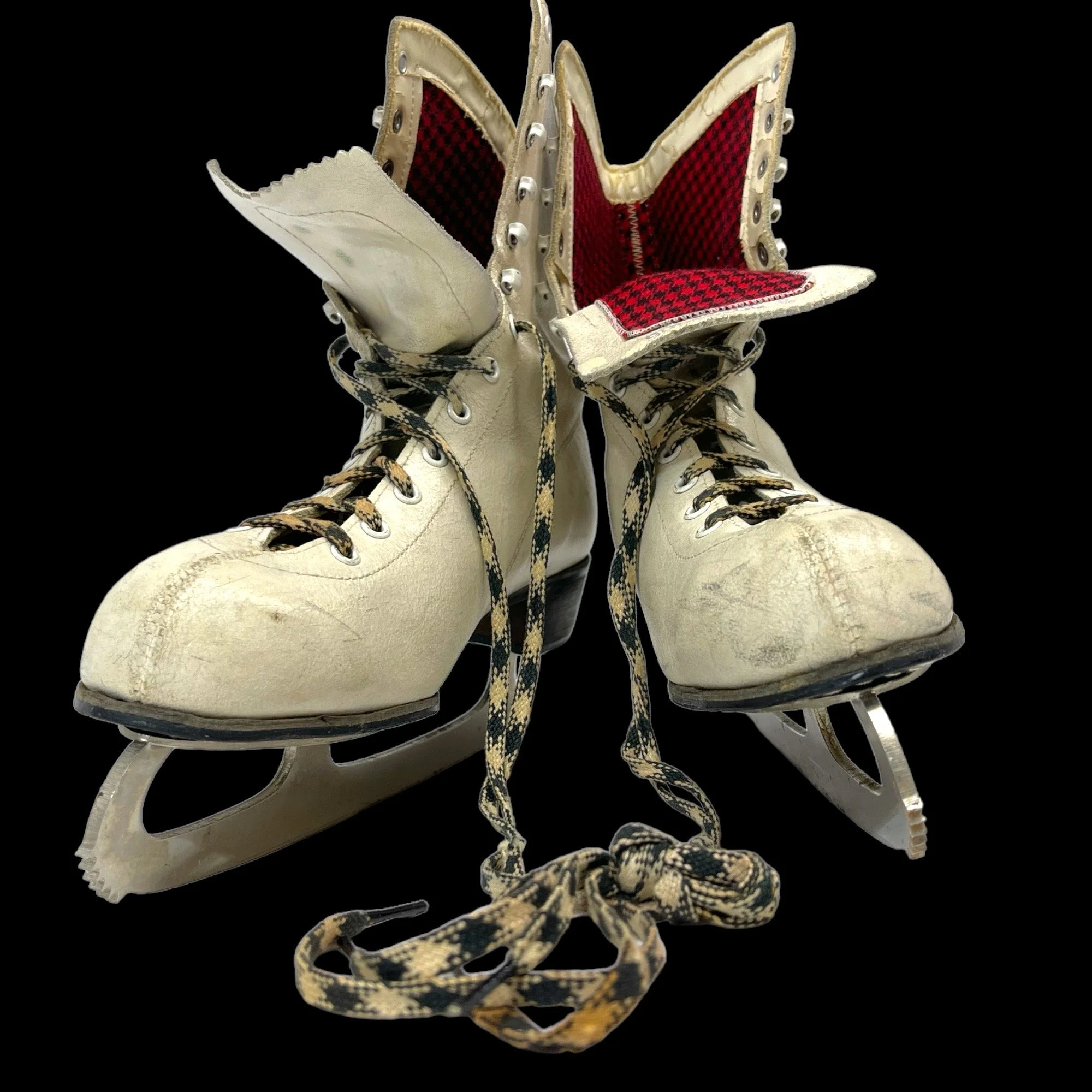 Vintage Sears ladies ice skates, white with black and red buffalo plaid interior and houndstooth shoelaces, perfect winter cabin or ski lodge decor