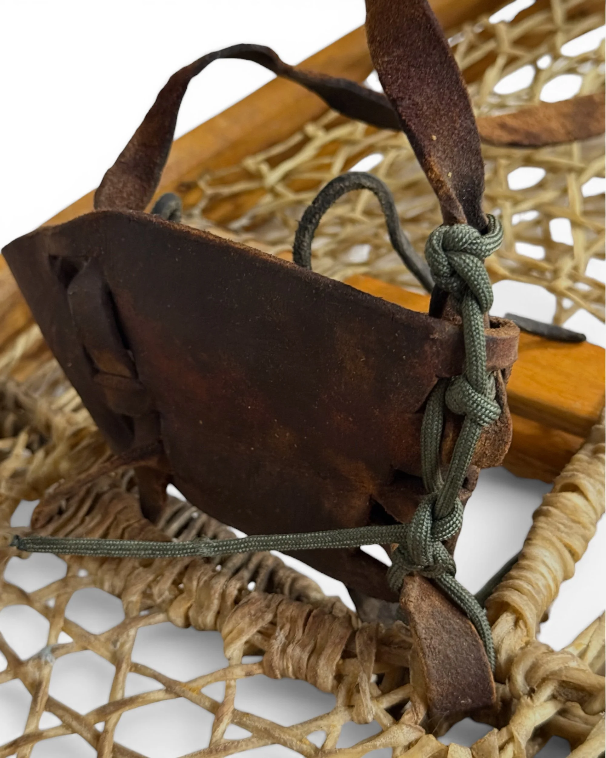 vintage snowshoe leather binding detail rawhide webbing