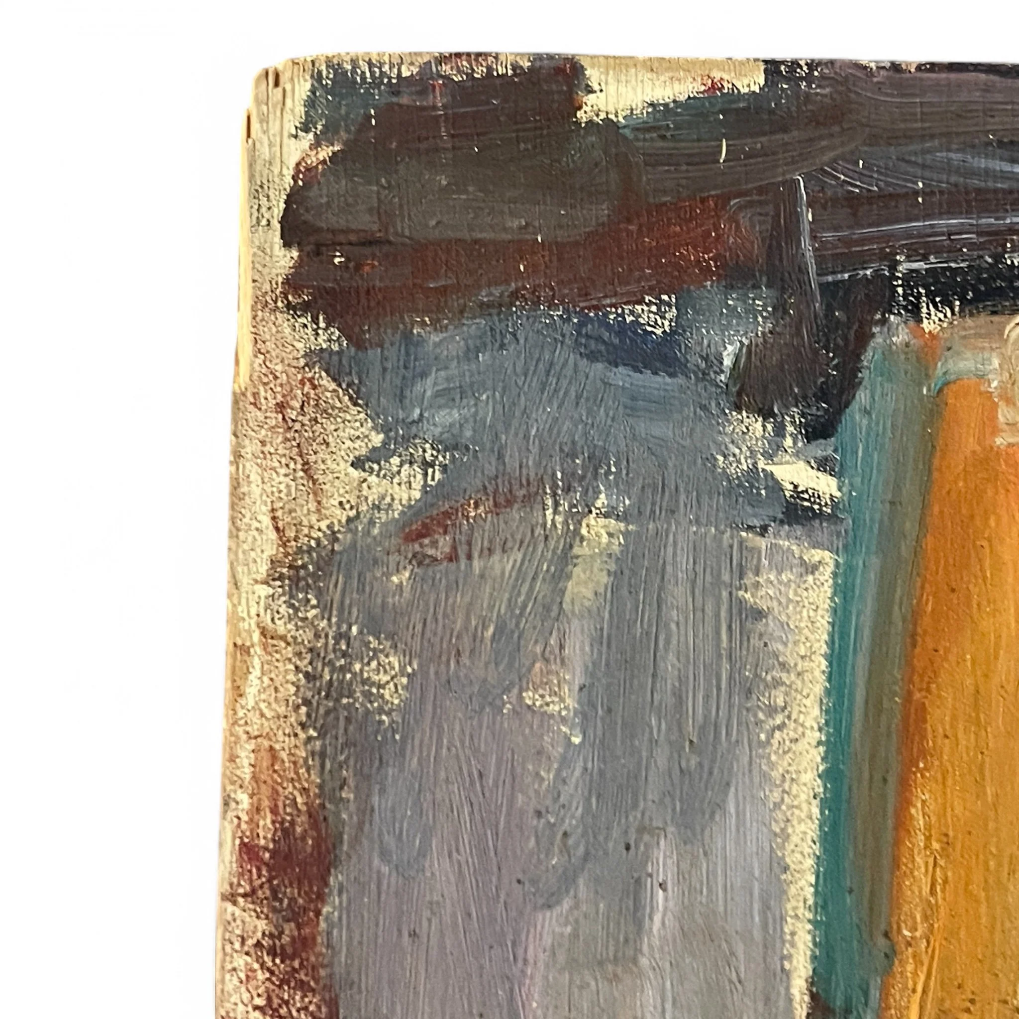 Rare set of 3 vintage mid century paintings on canvas board, featuring still life and impressionist designs. Includes pineapple, mountain landscape, and bottles with visible brushstrokes.