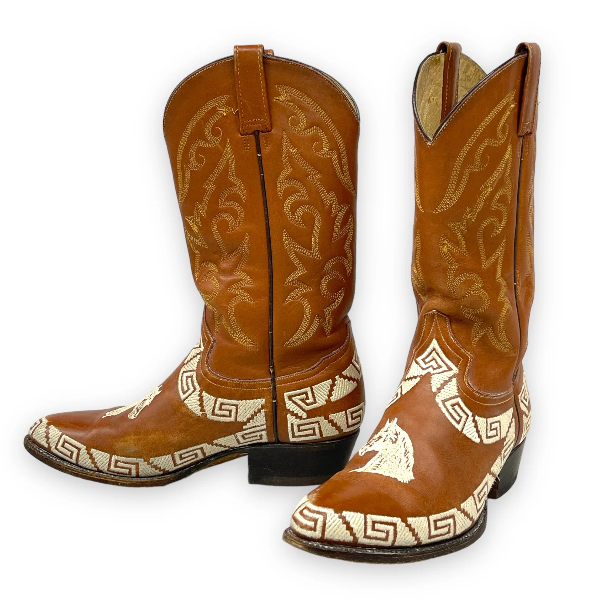 Vintage mens Rudel leather cowboy boots, made in Mexico - brown leather boots with detailed horse embroidery and geometric design on the sides, classic western style, collectible mens footwear.