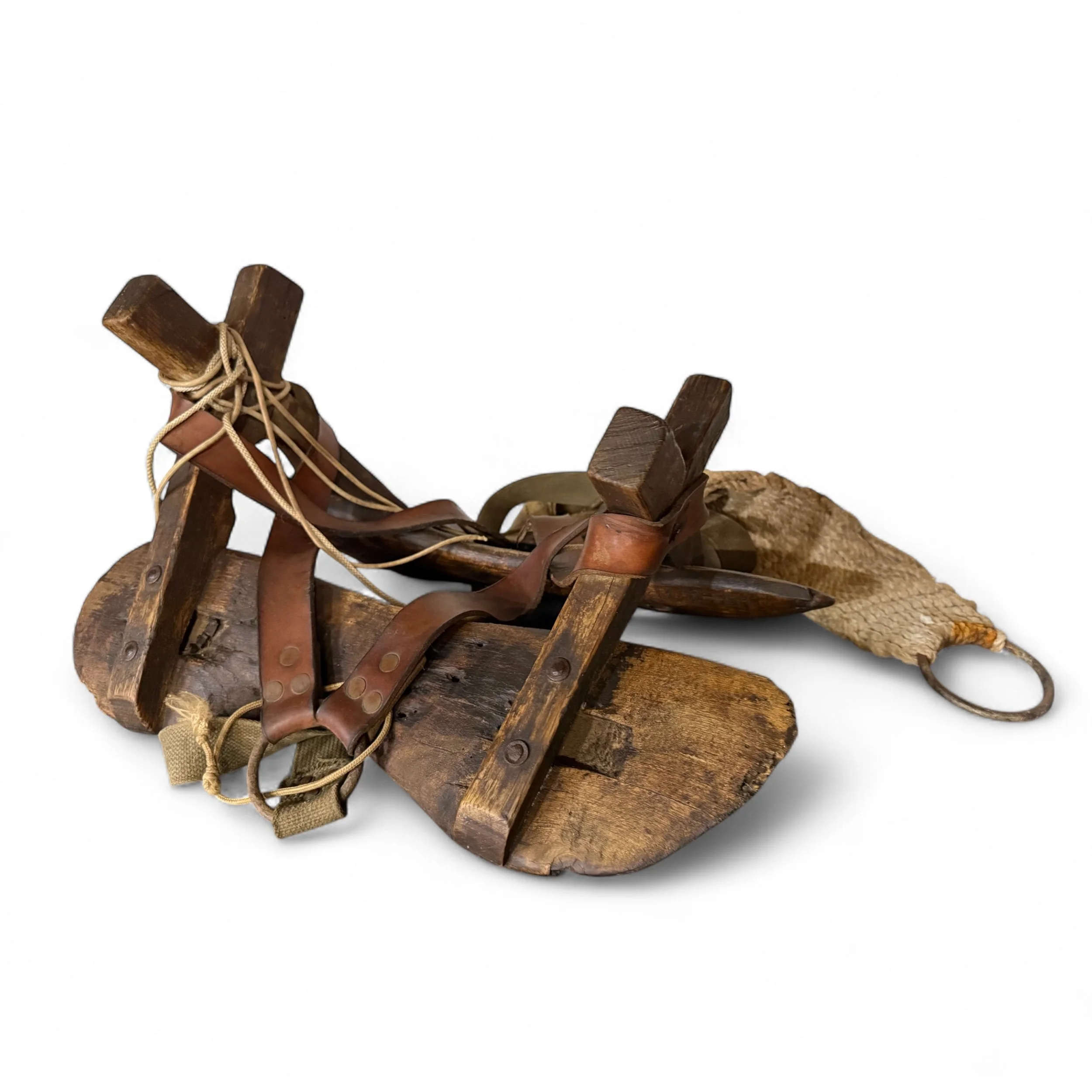 Vintage wooden mule pack saddle with leather and rope details rustic decor
