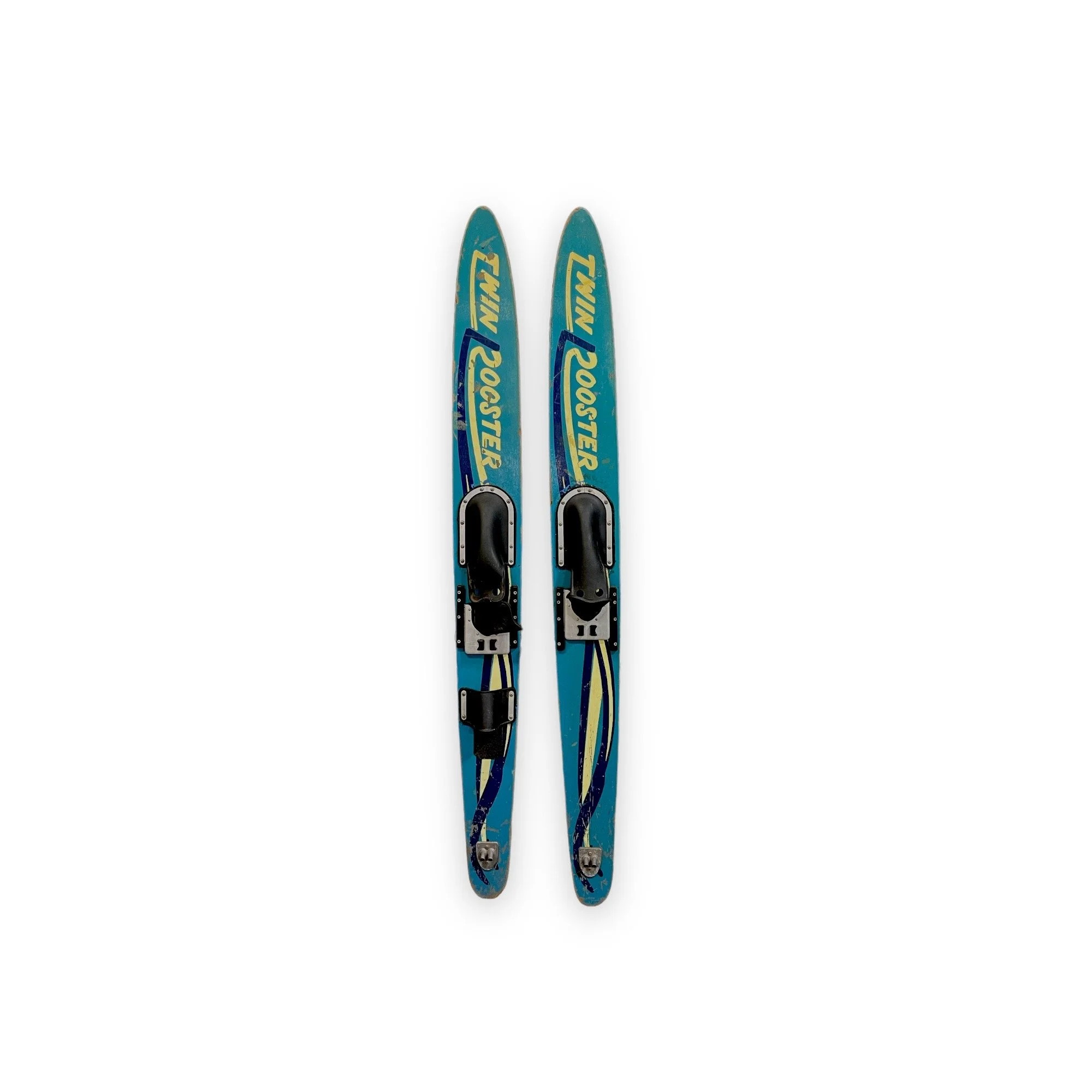 Vintage pair of Twin Rooster wooden water skis in turquoise and yellow with black bindings. Circa 1960s.