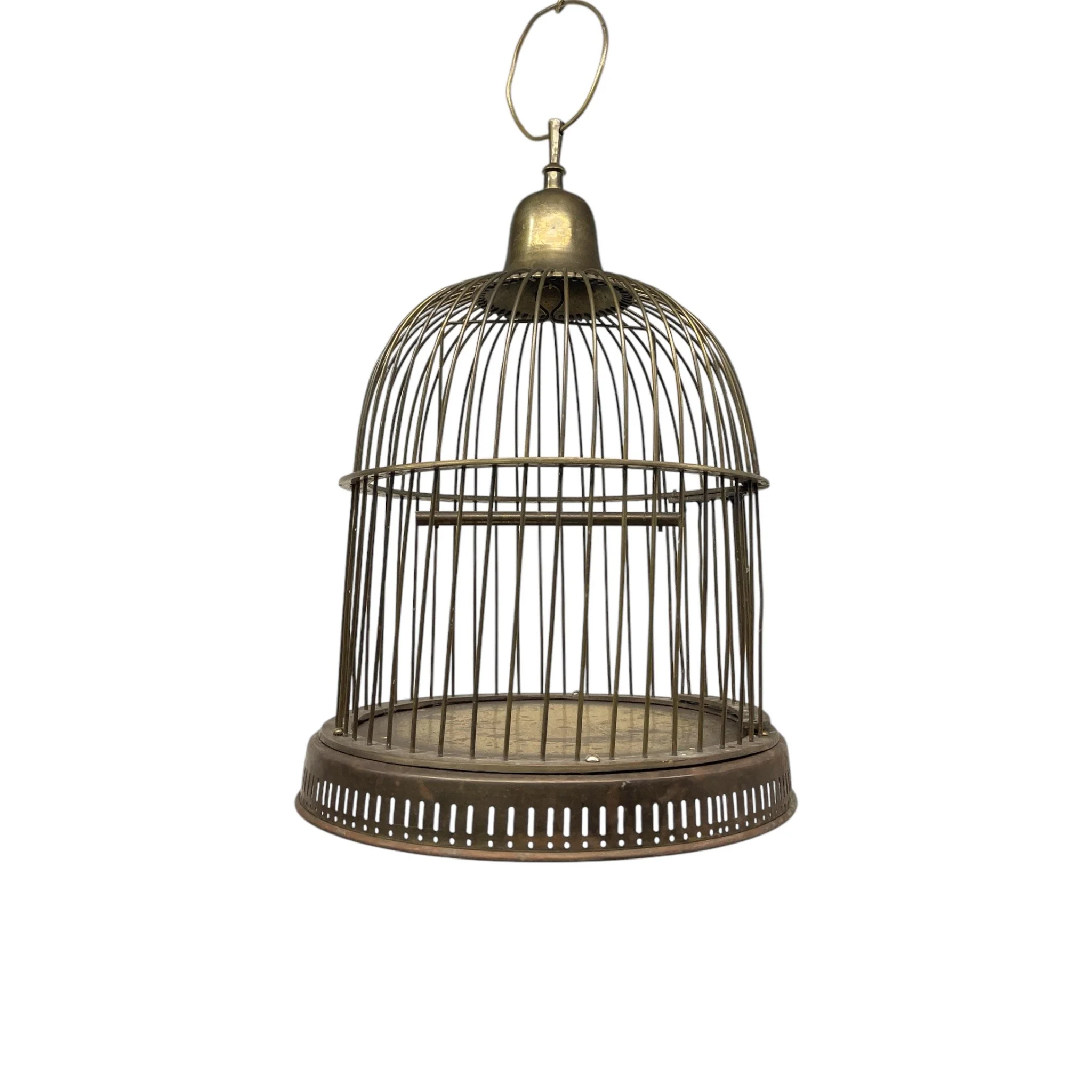 Vintage 22.5 inch tall gold metal dome shaped hanging bird cage. Well weathered and tarnished perfect for cottagecore, rustic, or county style decor.