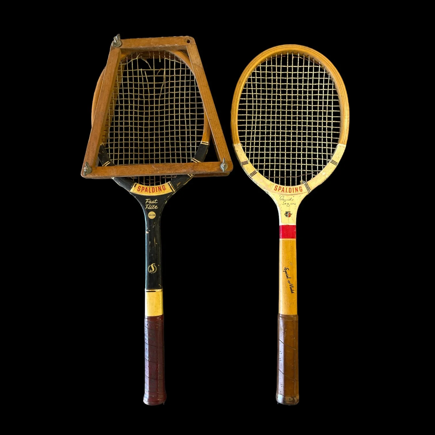 Vintage Wooden Tennis Racket Pair, Spalding Fast Flite, Paucho Segura Special Model with racket press, sports collectible game room decor.
