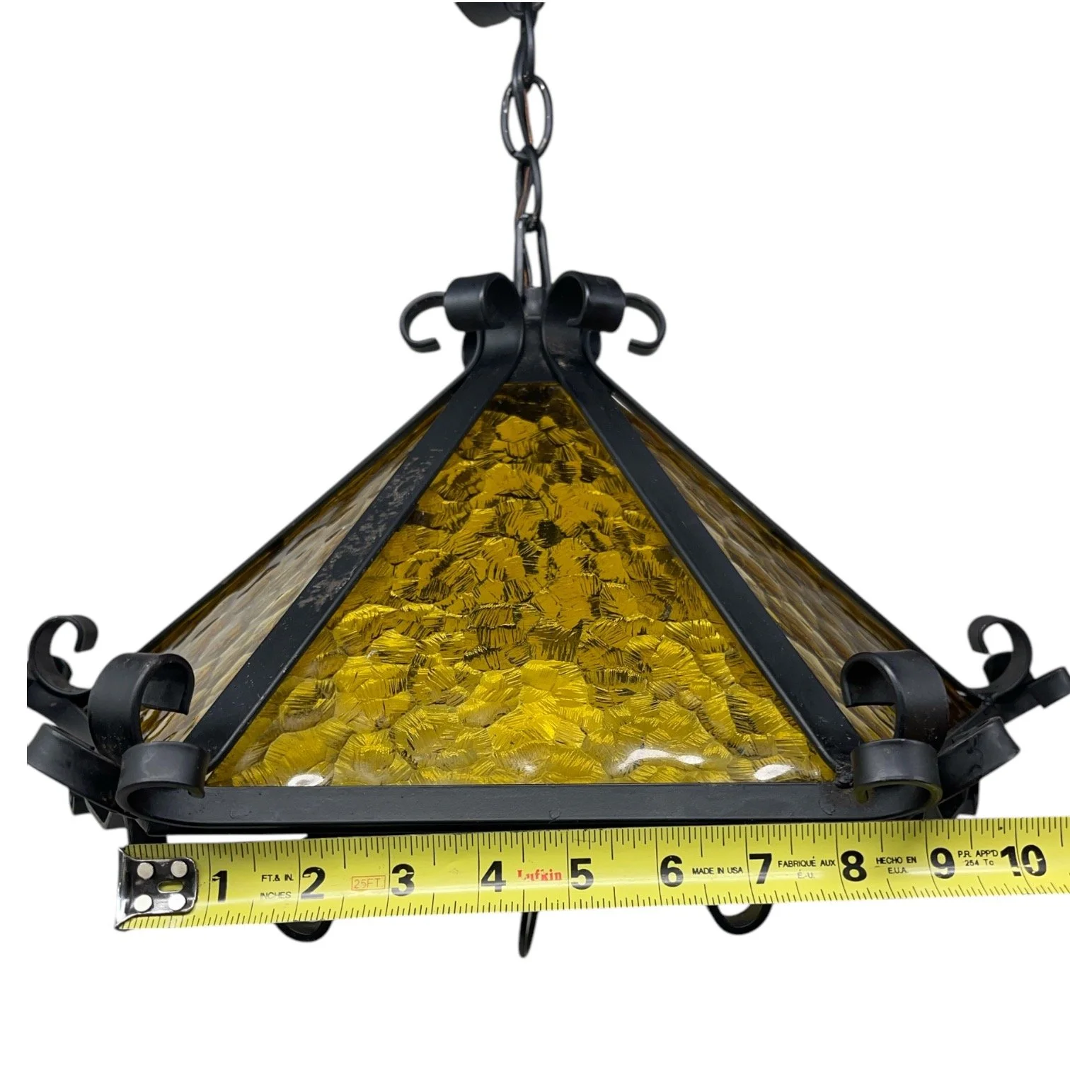Vintage Spanish Revival wrought iron and amber glass semi flush mount ceiling light, circa 1970s, by Hi-Lite Mfg. Co.,made in USA