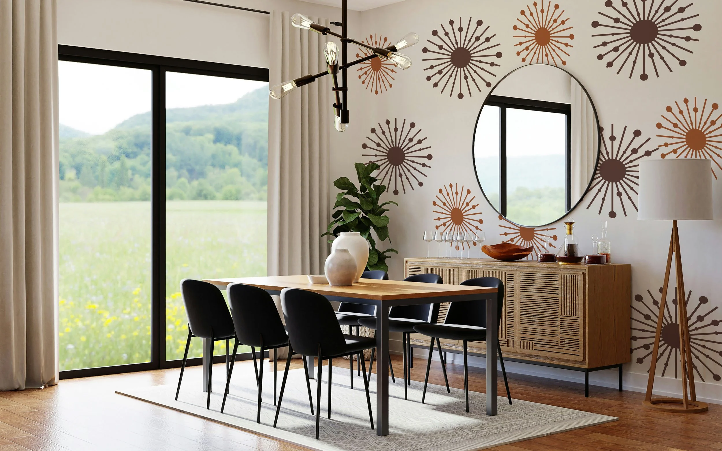 Atomic starburst wall decals shown in dark brown & nut brown displayed on the wall of a mid century modern dining room