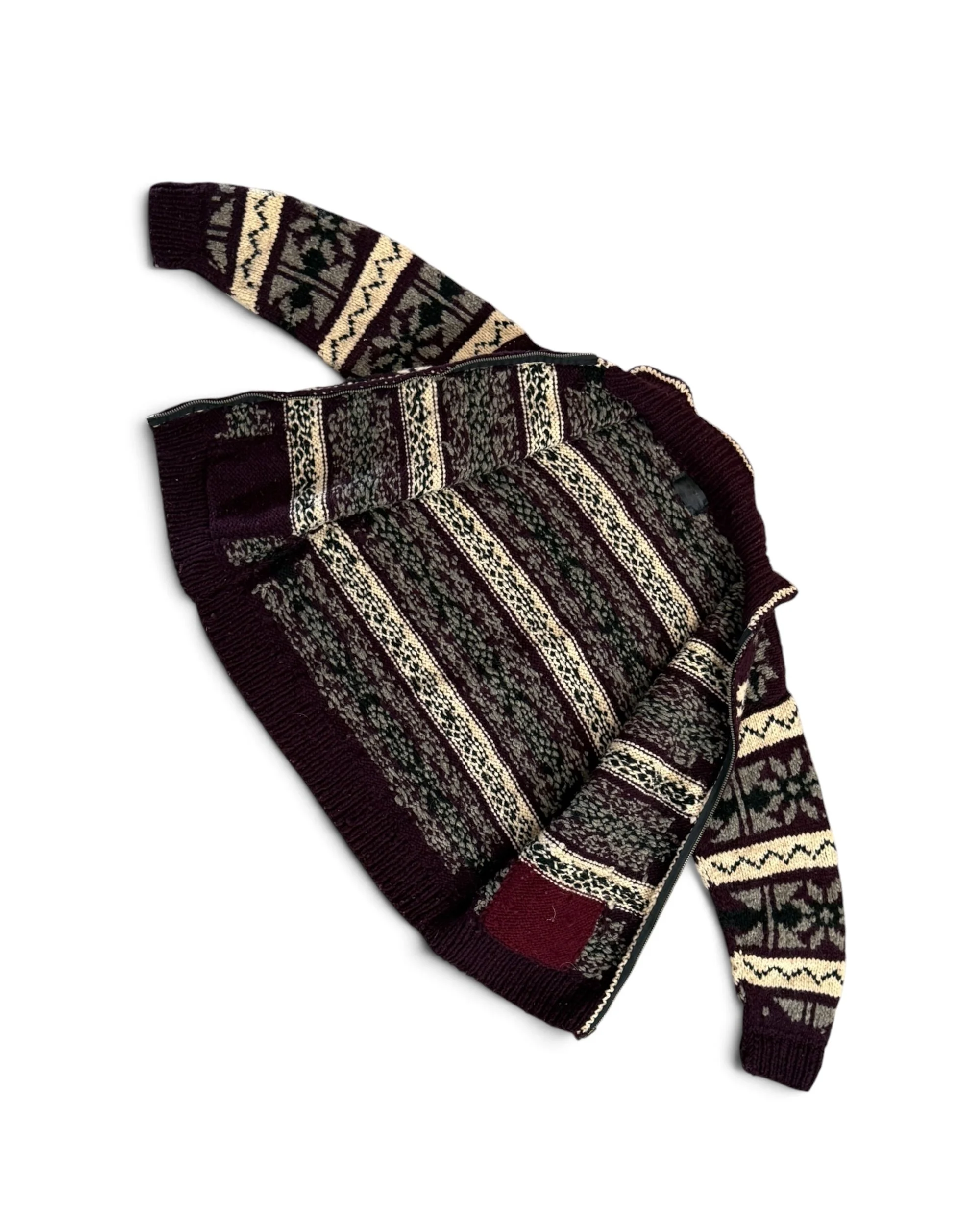 full open view of inside of vintage hand knit zip up wool cardigan sweater