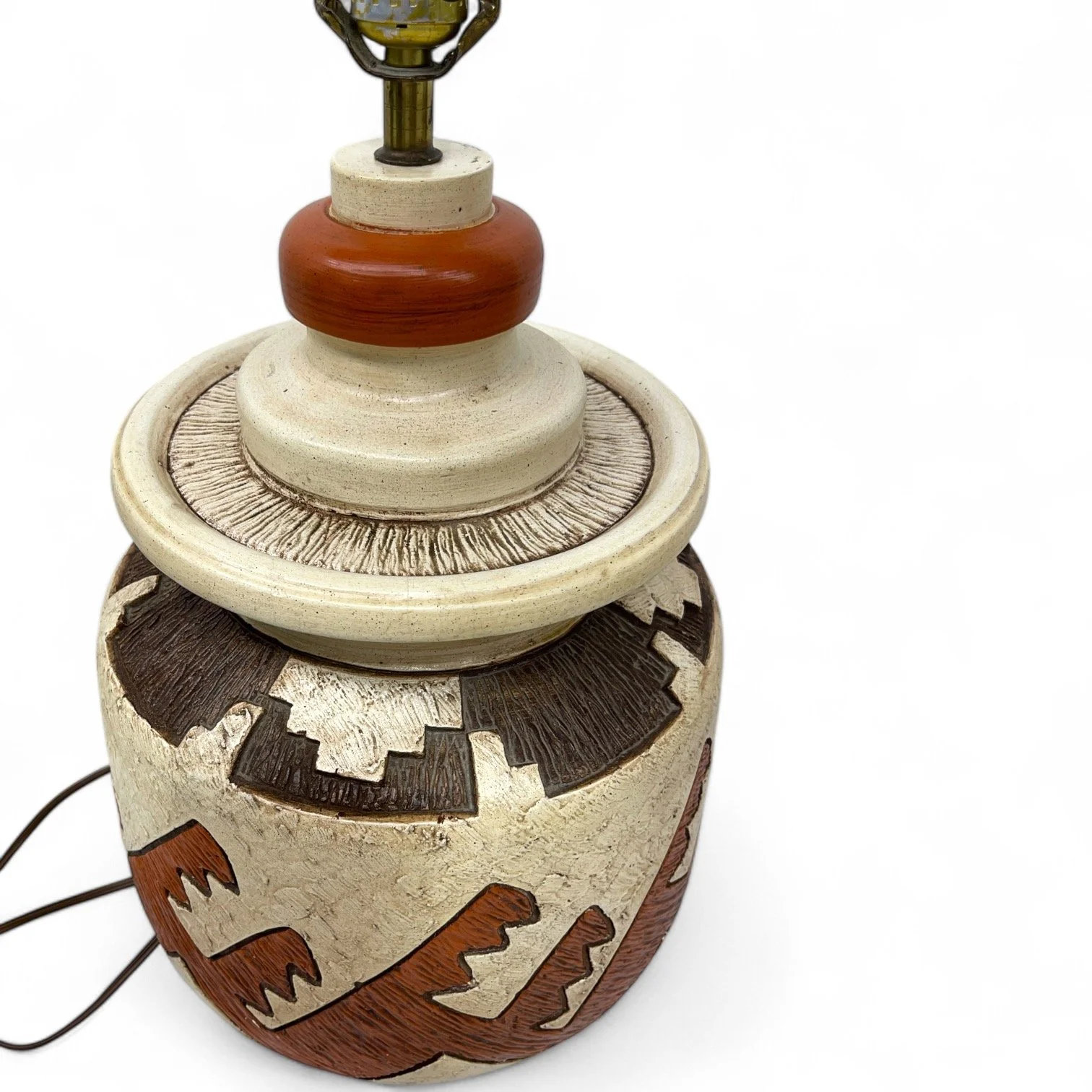 Vintage plaster table lamp, geometric southwestern design, neutral earth tone colors, heavy 19 pounds