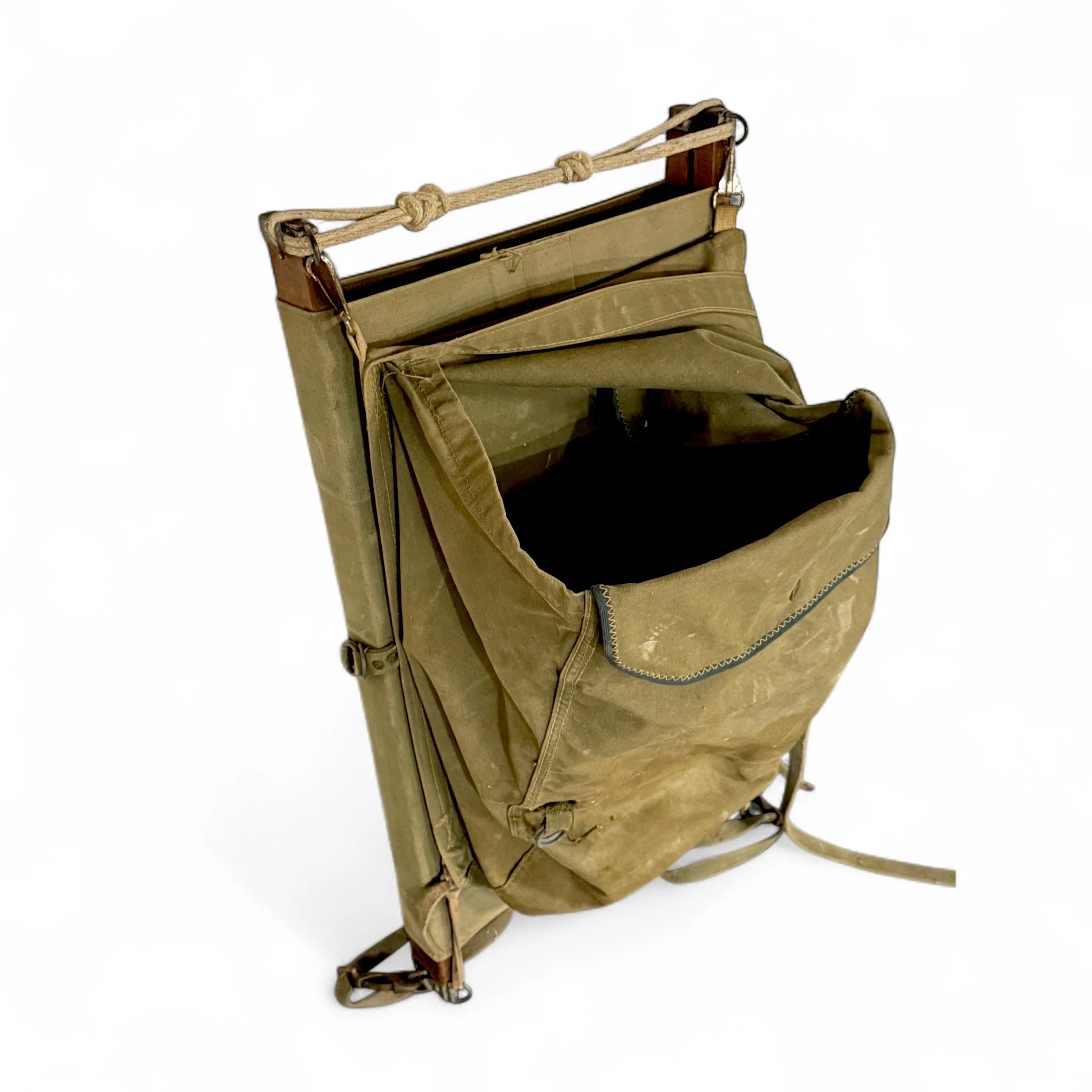 Vintage military backboard frame with army green canvas backpack, perfect for rustic wall decor, taxidermy mount display, hunting lodge, or cabin decoration.