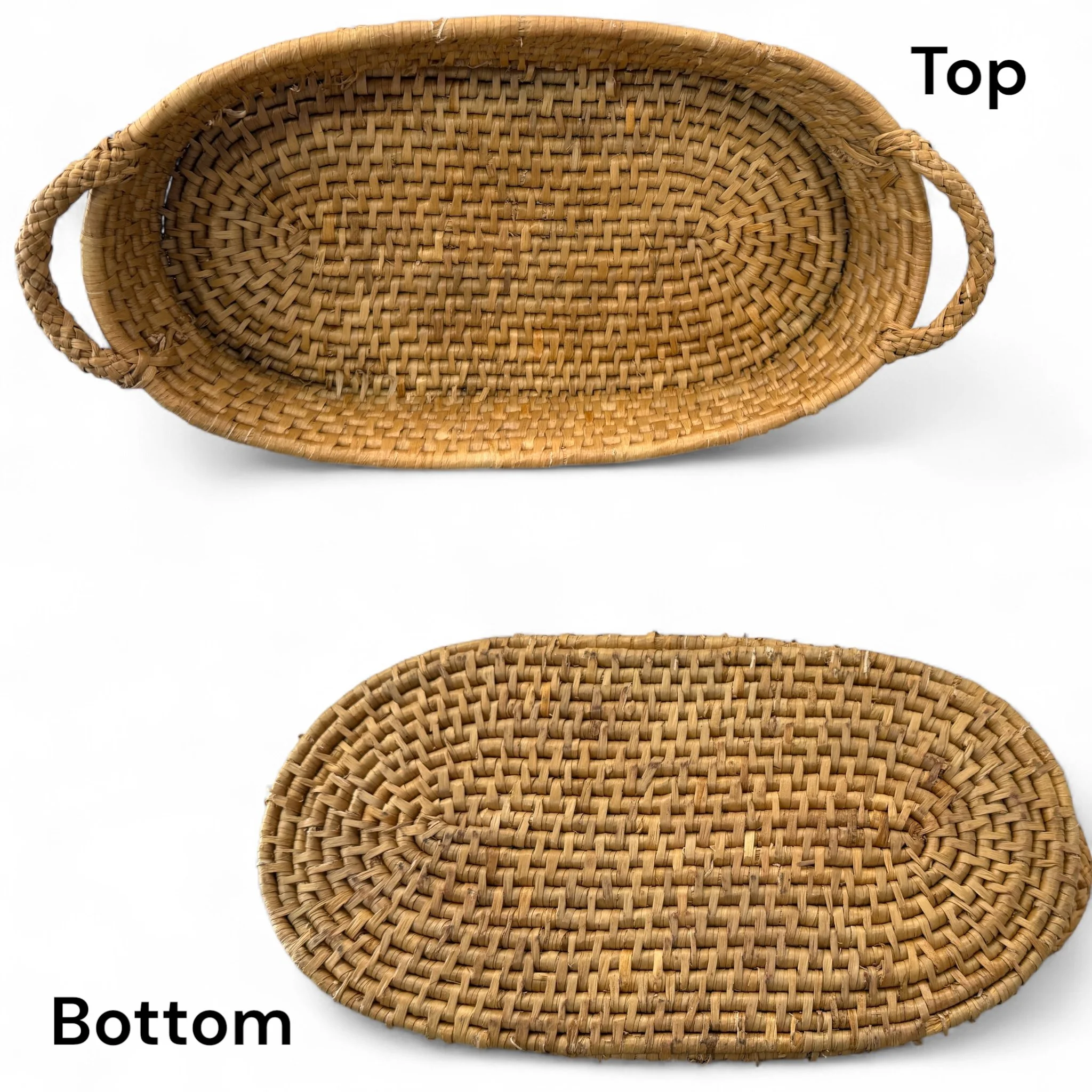 Top and bottom view of a large oval vintage woven coiled basket with handles.