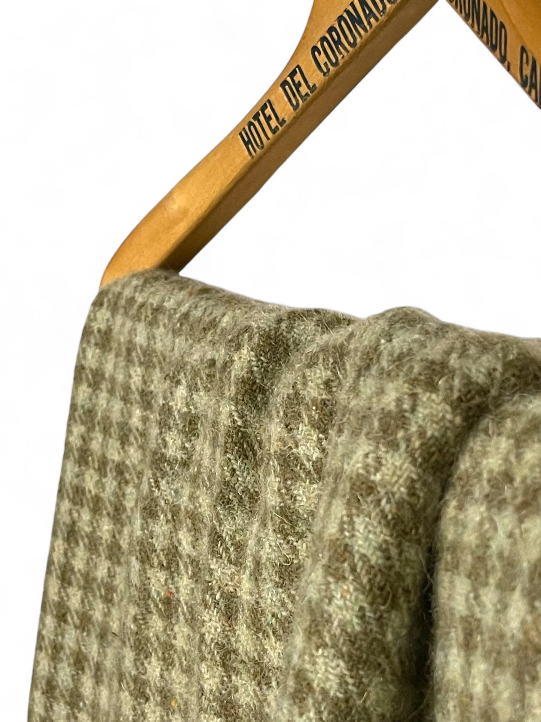 Vintage 60x81 wool blanket, two tone olive green, houndstooth pattern, perfect for minimalist and mid century decor styles.