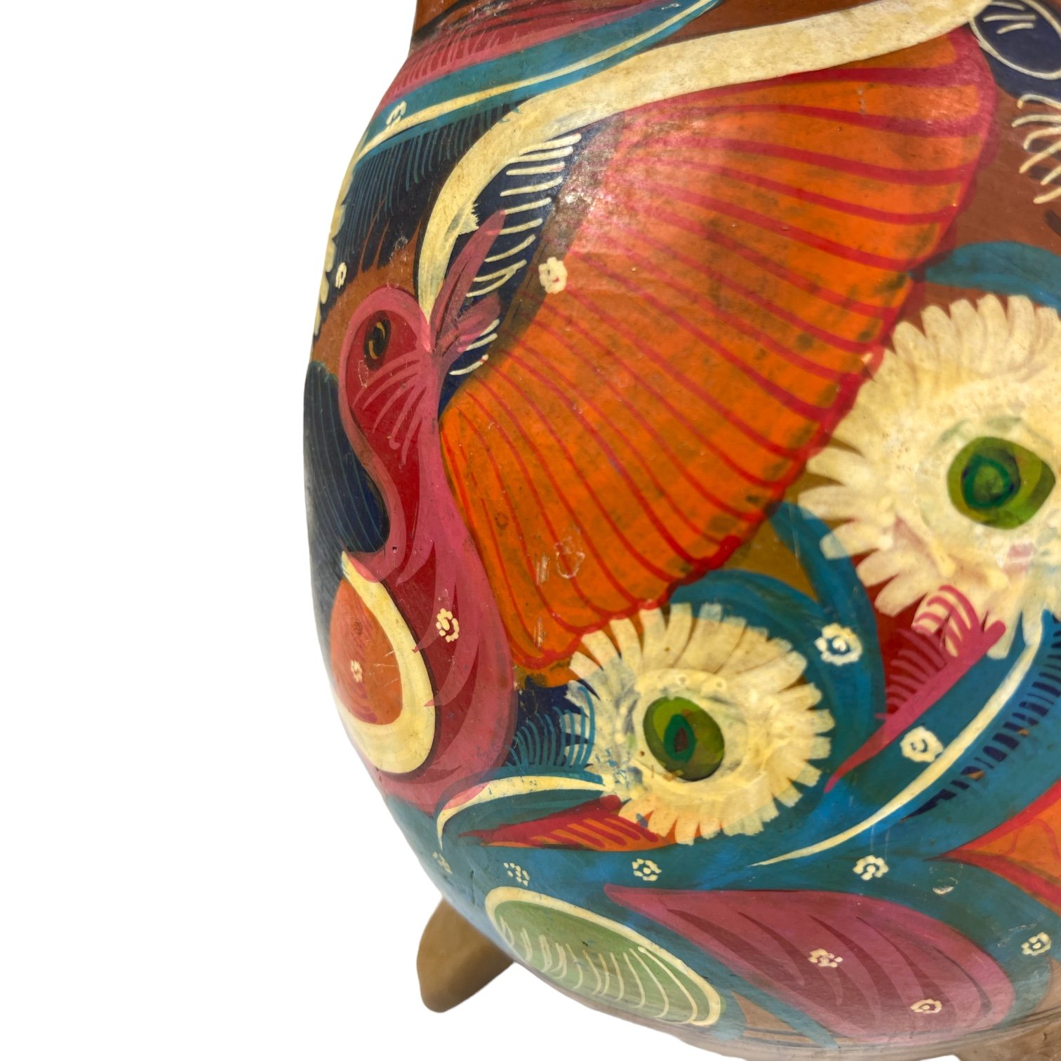 Vintage Mexican terracotta hanging pot hand painted with colorful birds and flowers. Folk art pottery from Acapulco.