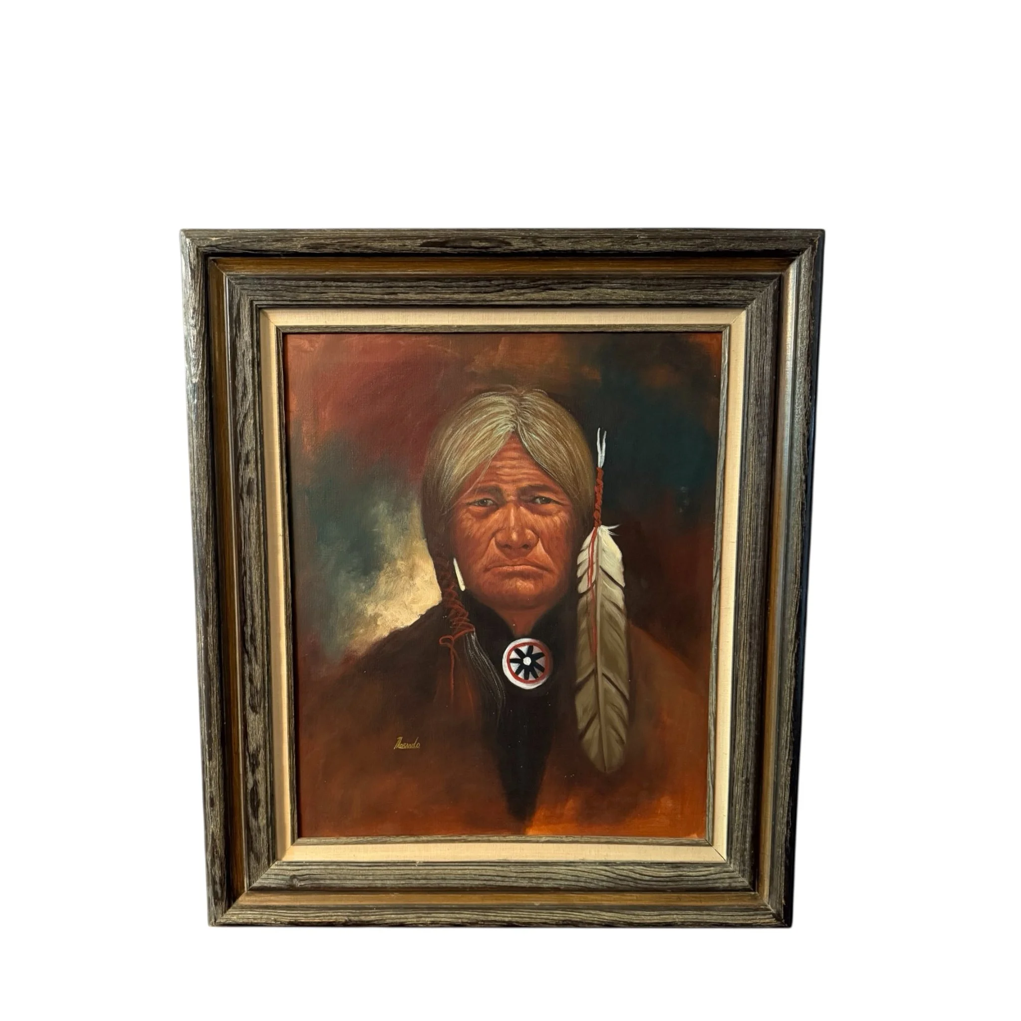 Framed vintage original painting of a Native American chief by Morando, featuring detailed brushwork and rich earth tones, ideal for Southwest or Western decor.