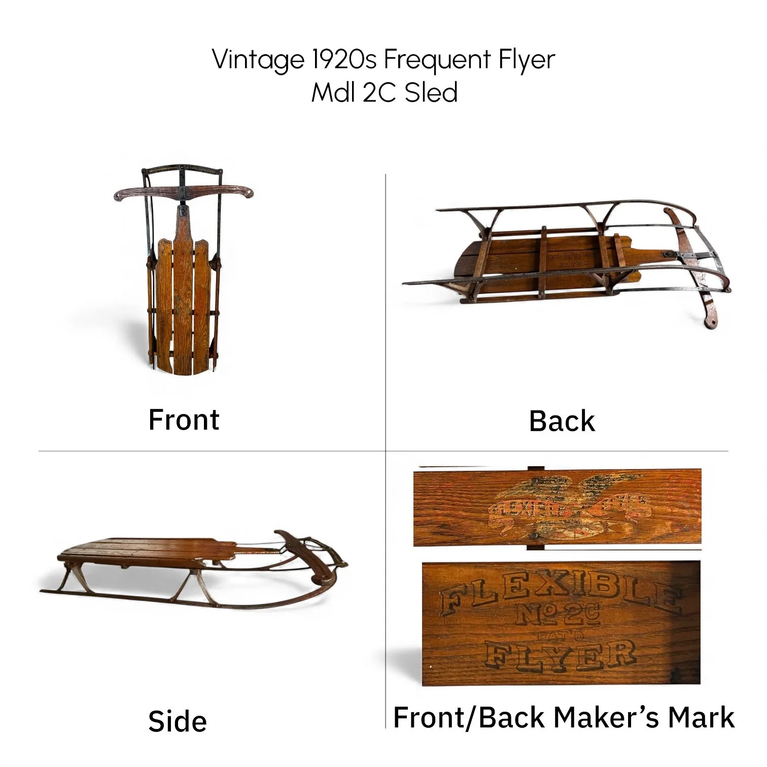 Collage showing front, back, side, maker's mark on 1920s Frequent Flyer wooden sled - Modern Artifact Decor