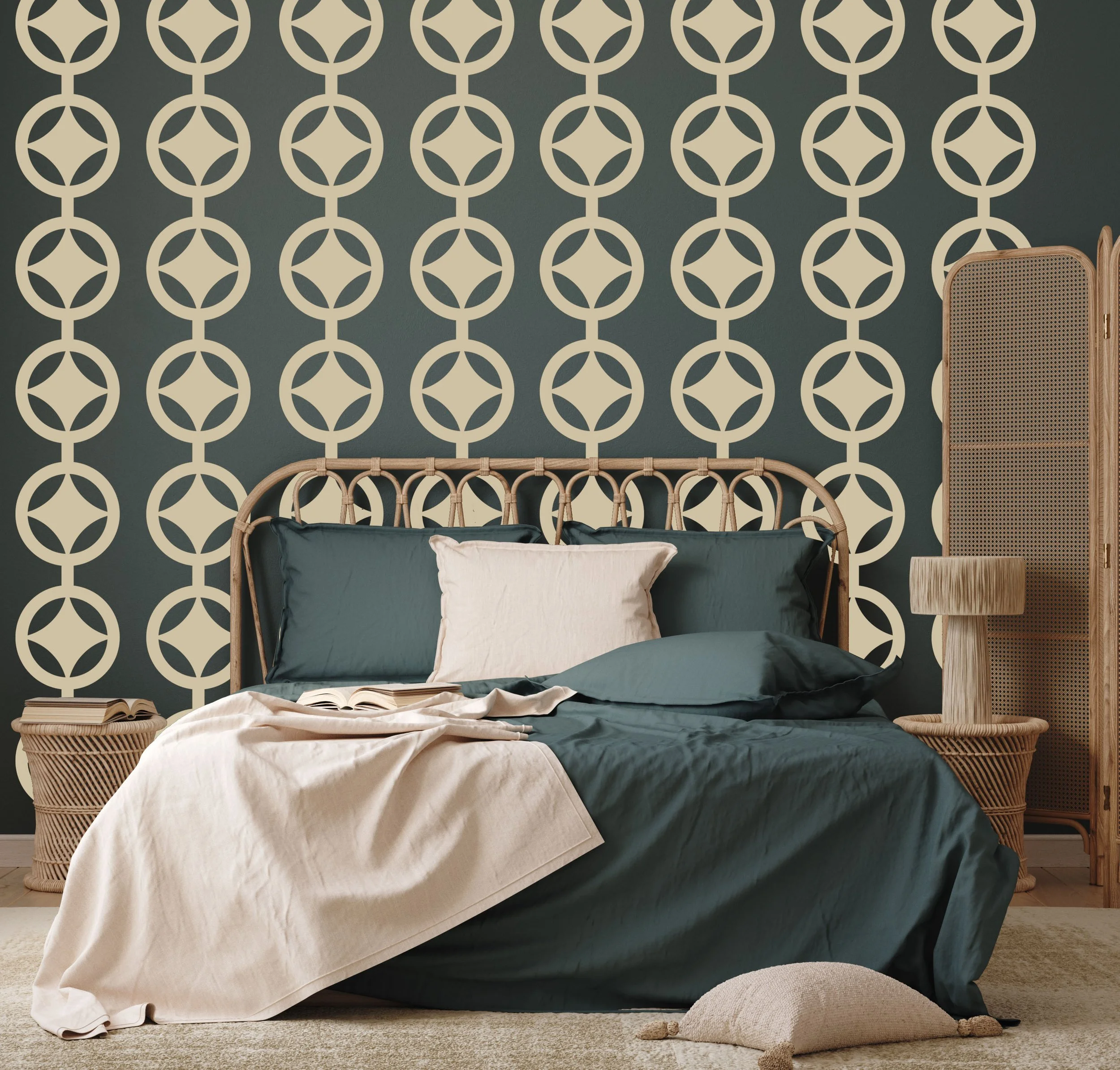 Mid century style vinyl wall decals with a circle and atomic star pattern in beige by Wall Star Graphics, primary bedroom, boho modern