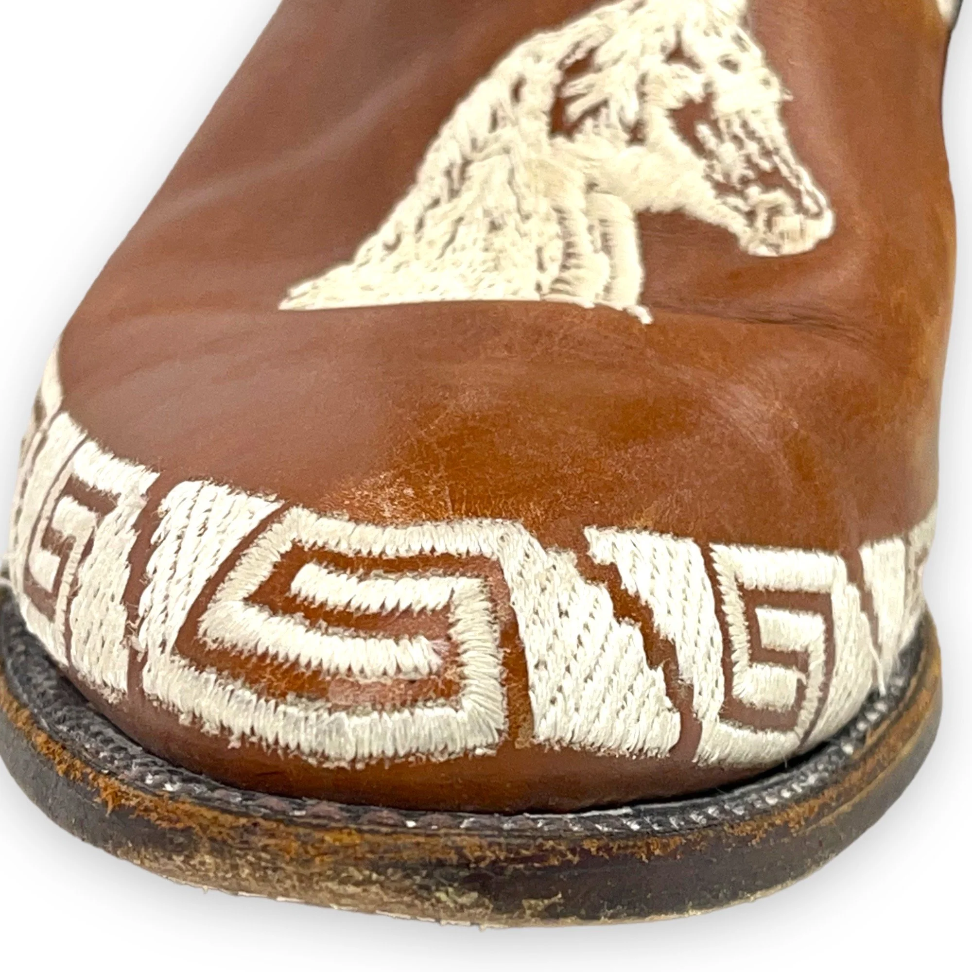 Vintage mens Rudel leather cowboy boots, made in Mexico - brown leather boots with detailed horse embroidery and geometric design on the sides, classic western style, collectible mens footwear.
