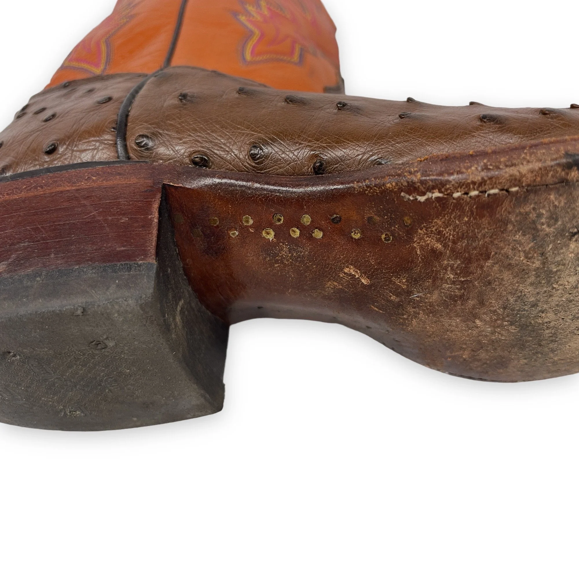 Vintage men's leather cowboy boots, Justin, Style: Comb Last 8962, US men's 11 1/2, made in USA, full quill ostrich, square toe, brown and orange