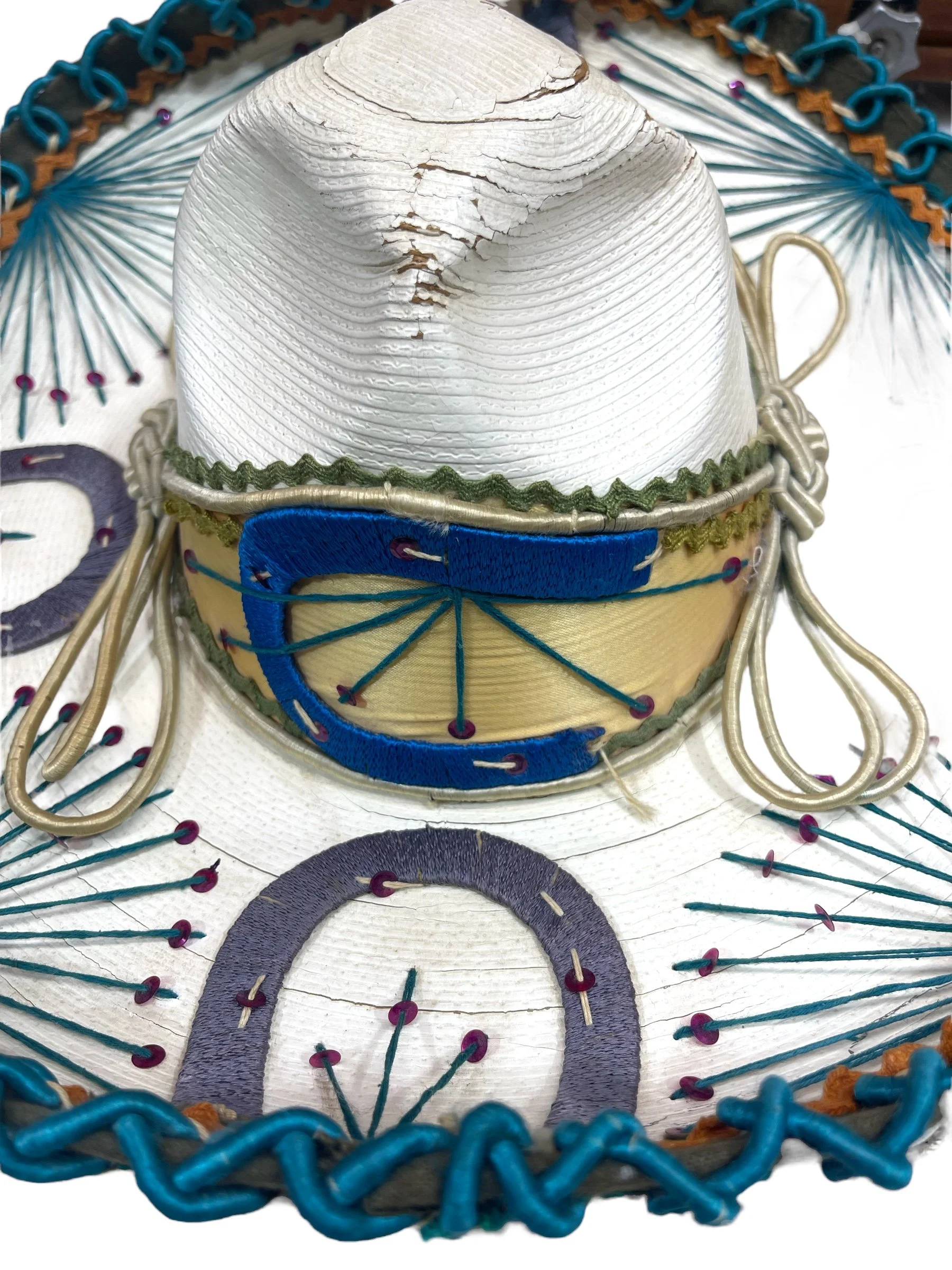 Vintage Authentic Mexican Mariachi Sombrero - high crowned with sequins and horseshoes.