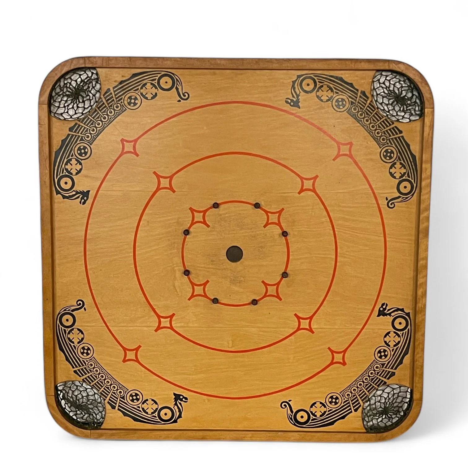 Antique 1930s Carrom Company Style Q square wooden game board, double sided with Viking ship.