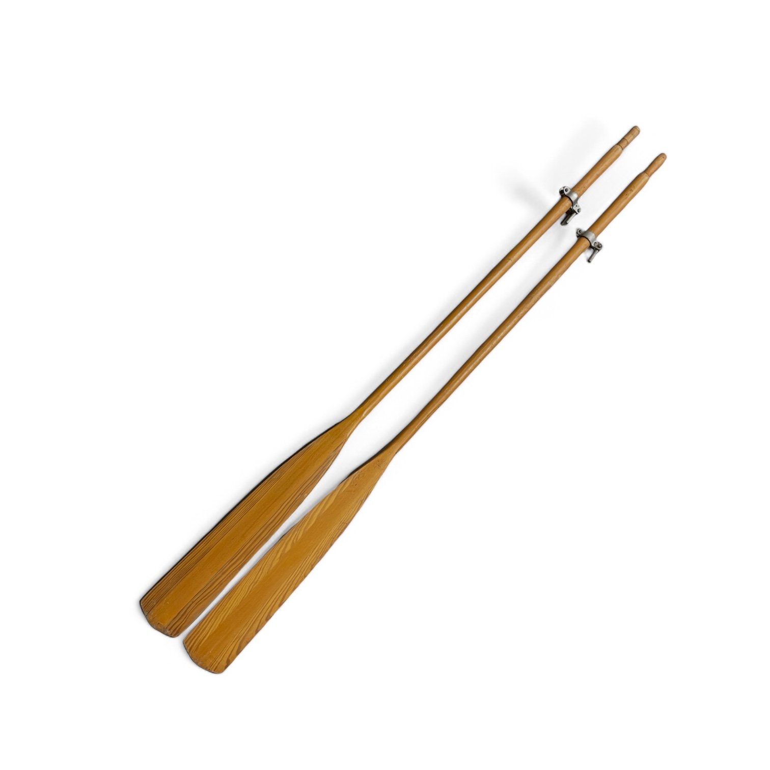 Vintage pair of 83.5 inch wooden boat oars with metal oar locks by Agner Simplex Co. Made in USA