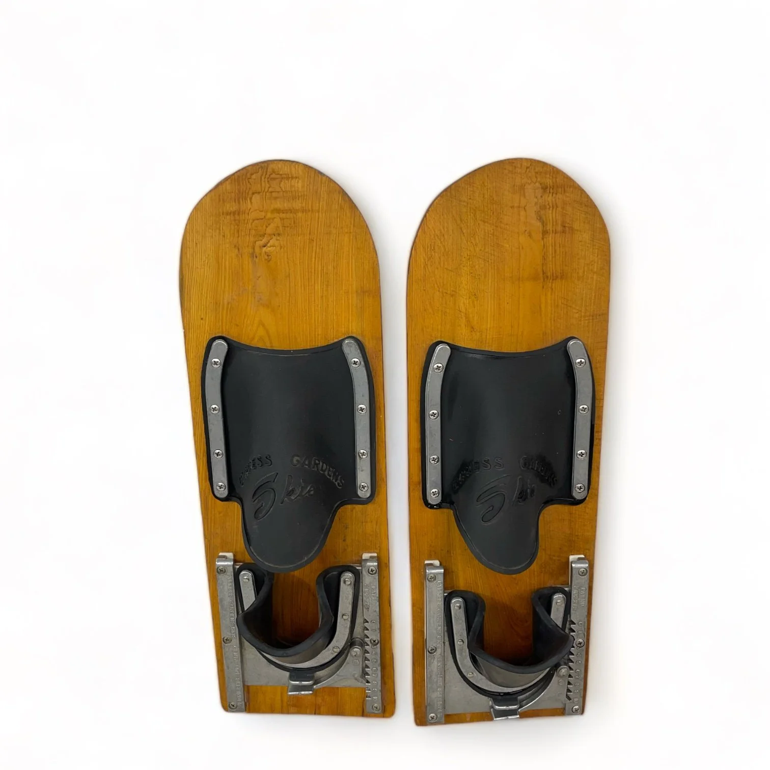 Vintage pair of Cypress Gardens trick wooden water skis, 19 3/4 inches with bindings.