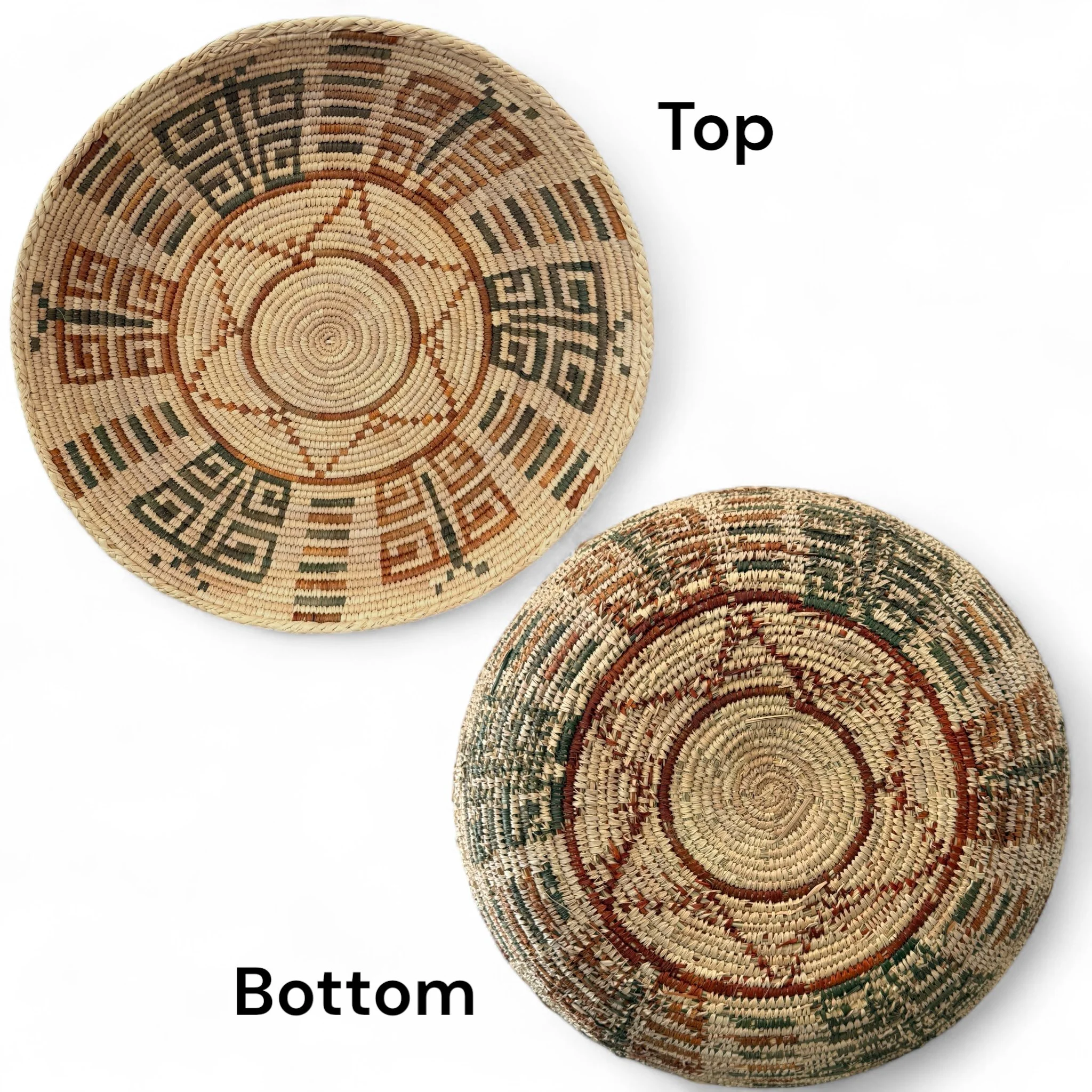 Top and bottom view of a large round vintage woven coiled basket.